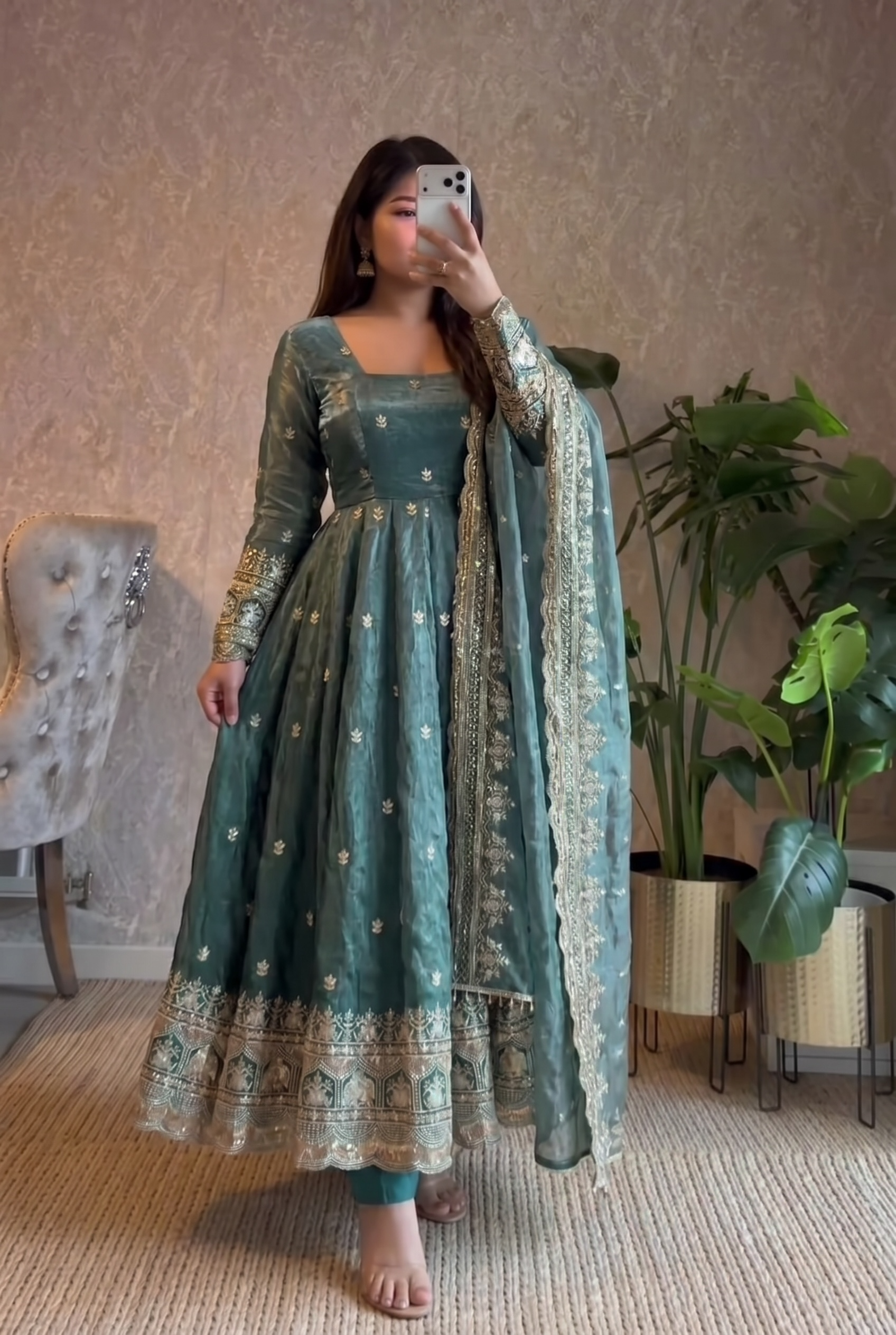 Sage Green Embroidered Anarkali Suit Set for Women | Heavy Zari & Sequins Work with Dupatta