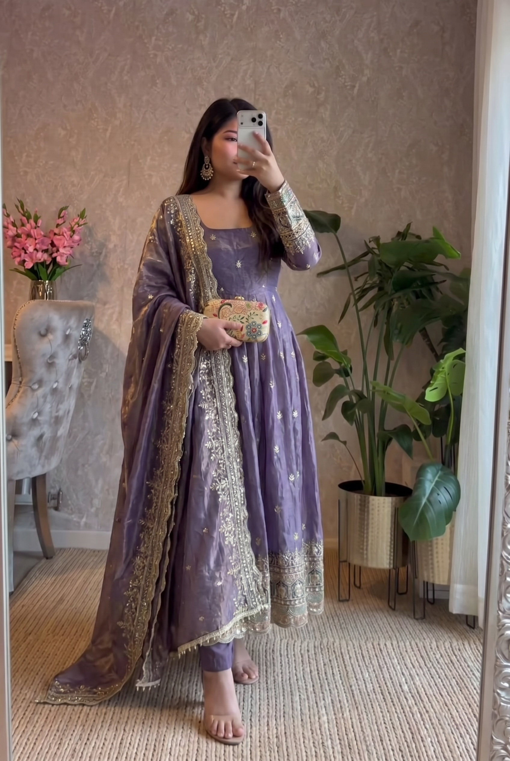 Luxury Dusty Lavender Party Wear Anarkali Gown Set with Embroidered Dupatta