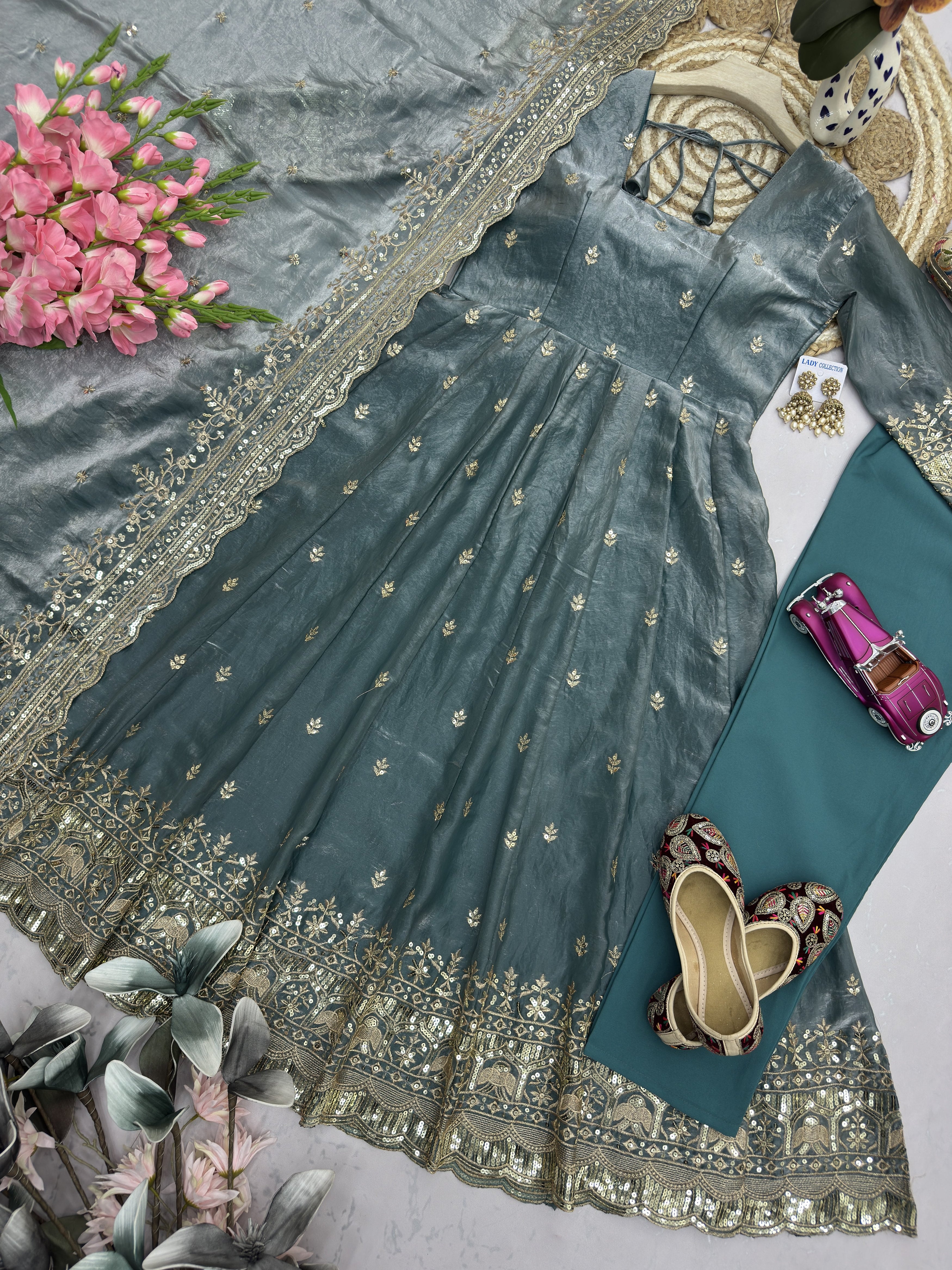 Sage Green Embroidered Anarkali Suit Set for Women | Heavy Zari & Sequins Work with Dupatta