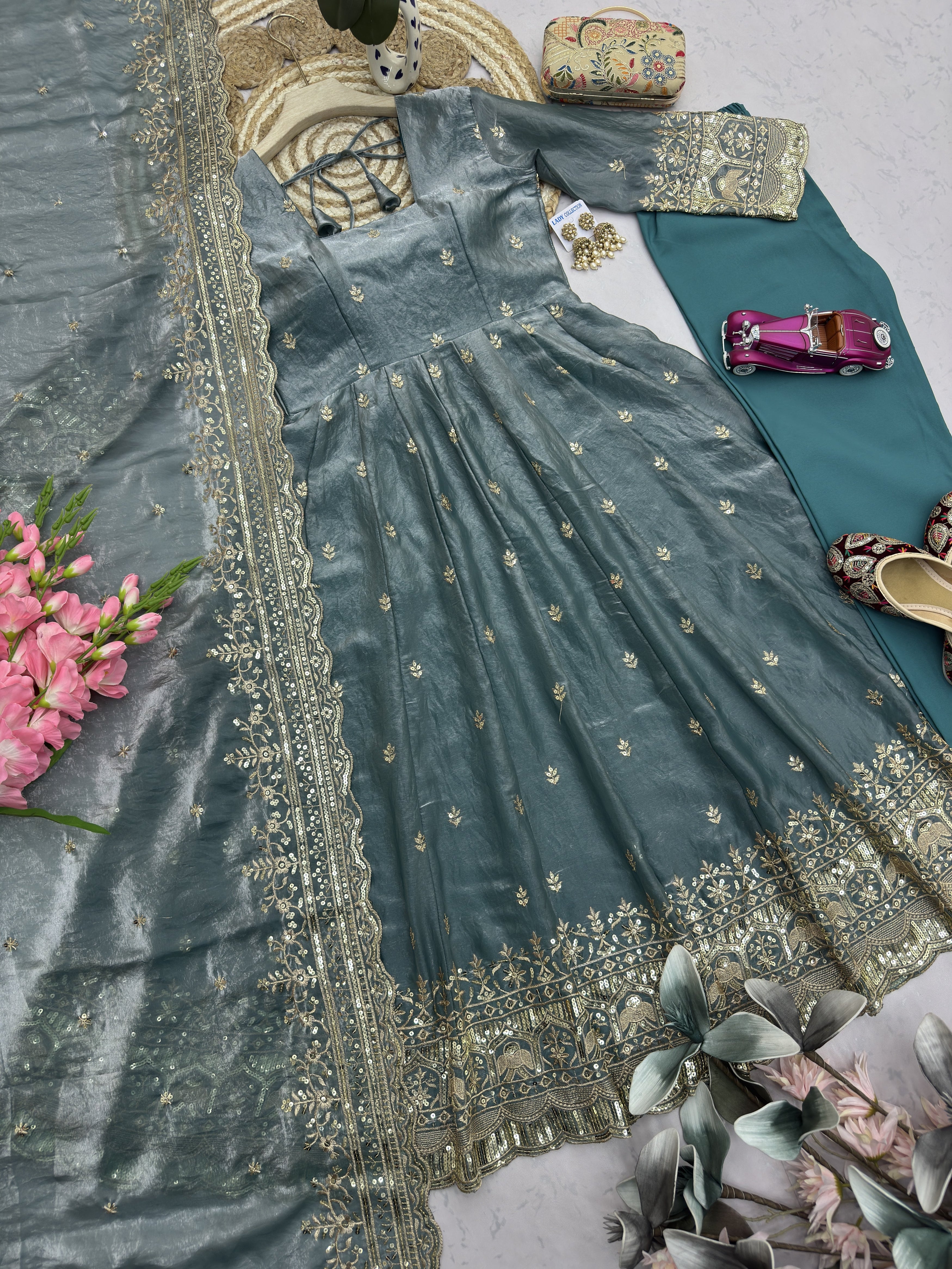 Sage Green Embroidered Anarkali Suit Set for Women | Heavy Zari & Sequins Work with Dupatta