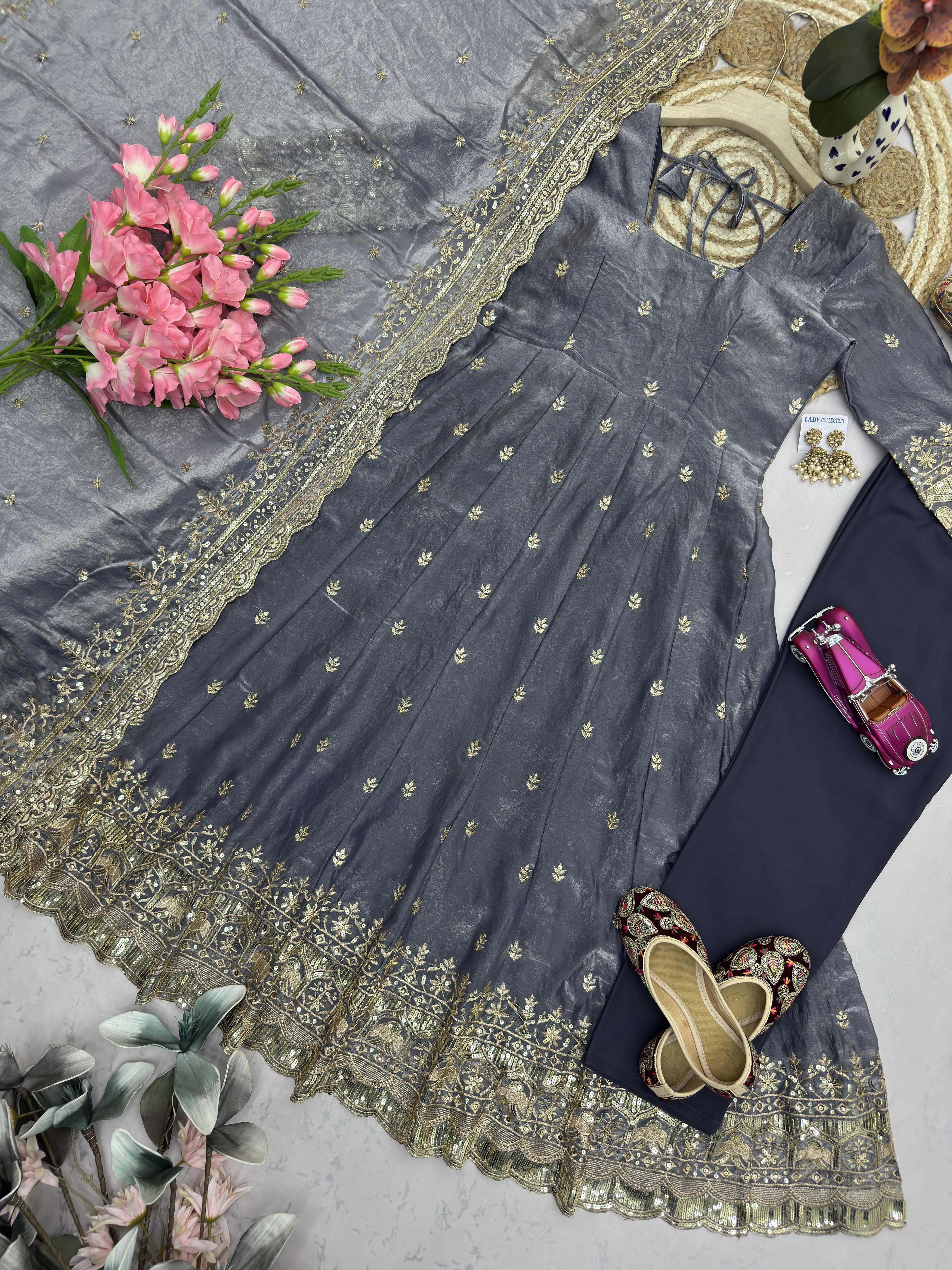 Steel Grey Embroidered Anarkali Suit Set for Women | Heavy Zari & Sequins Work with Dupatta