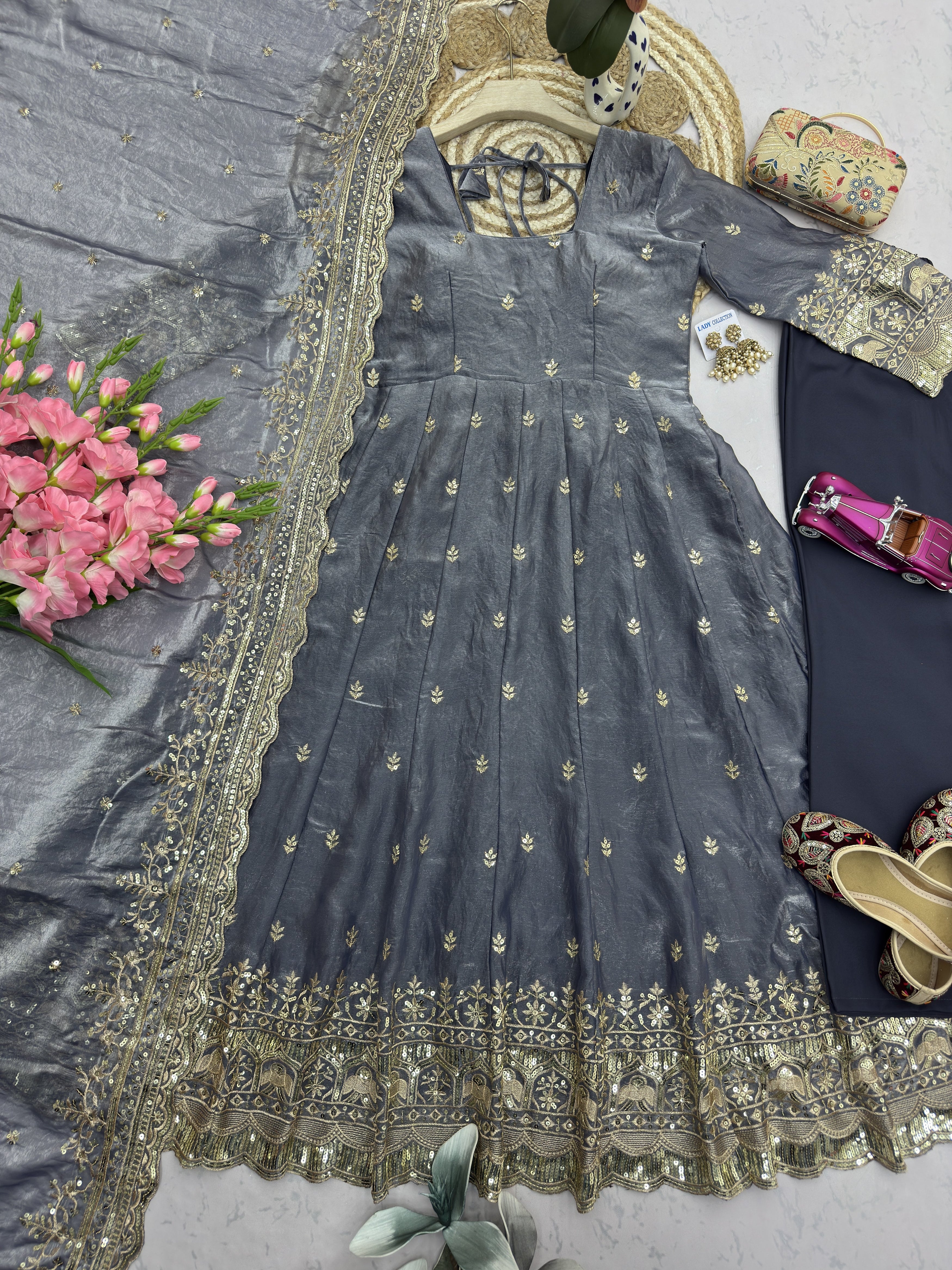 Steel Grey Embroidered Anarkali Suit Set for Women | Heavy Zari & Sequins Work with Dupatta
