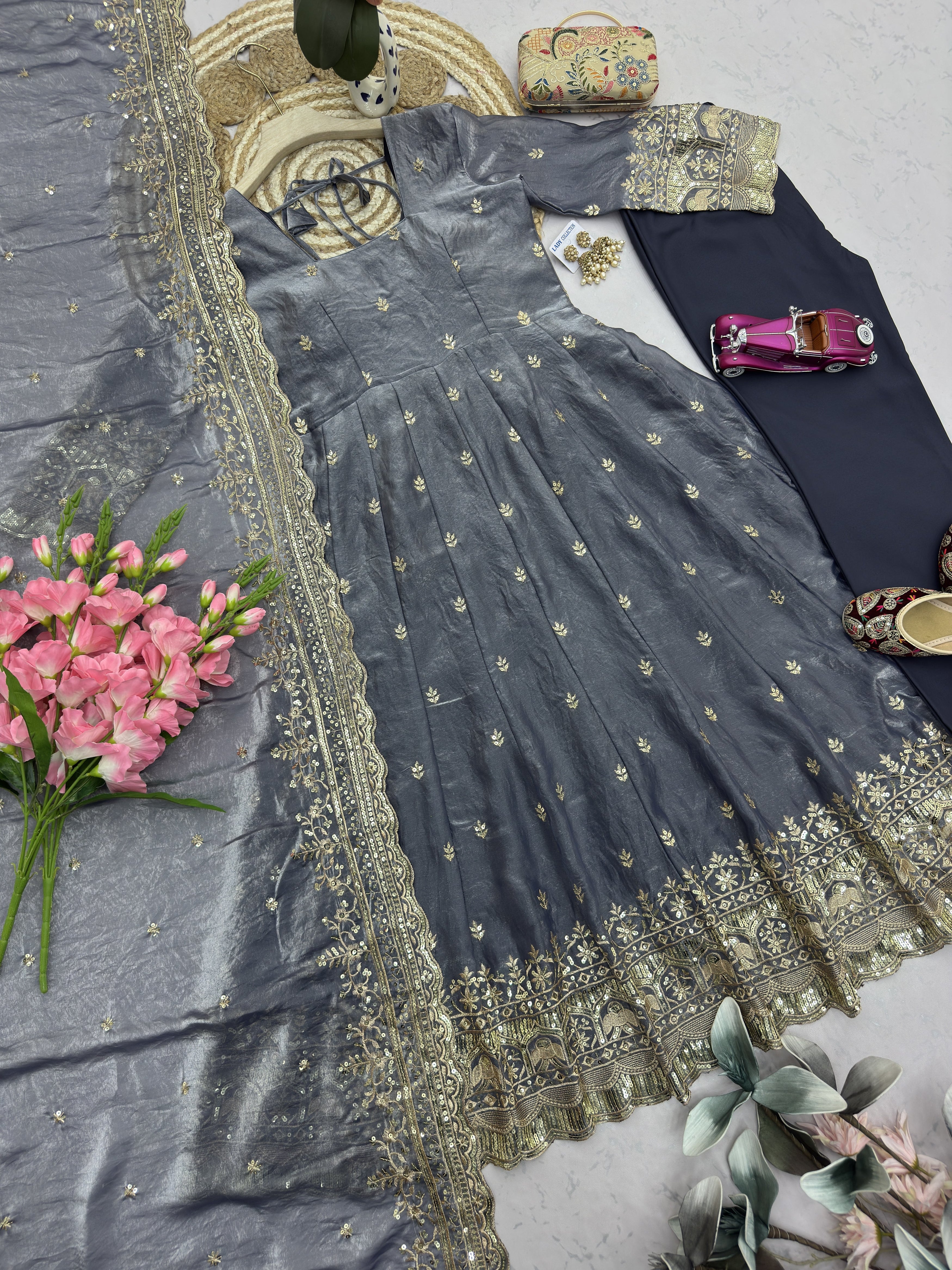 Steel Grey Embroidered Anarkali Suit Set for Women | Heavy Zari & Sequins Work with Dupatta