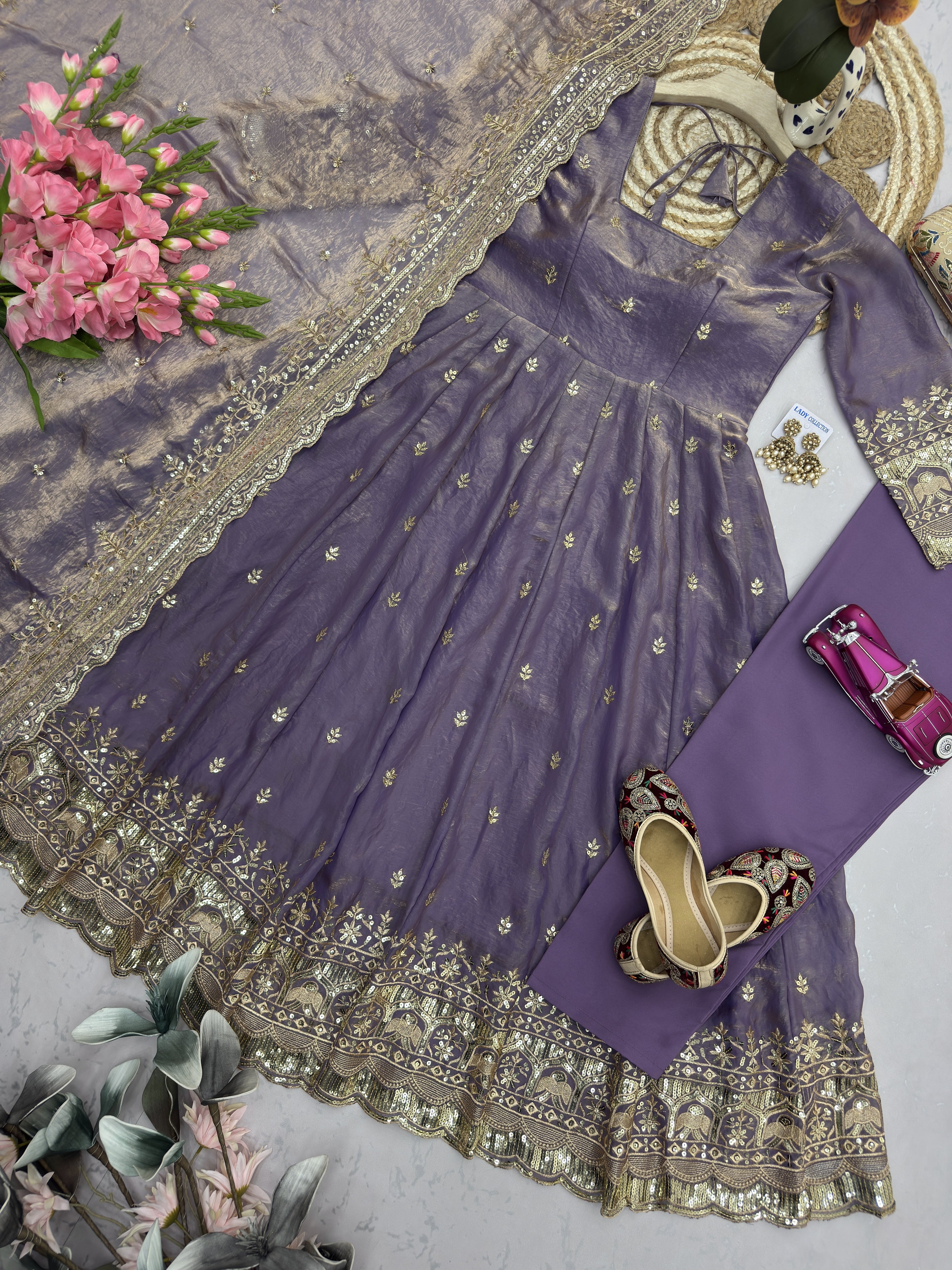 Luxury Dusty Lavender Party Wear Anarkali Gown Set with Embroidered Dupatta