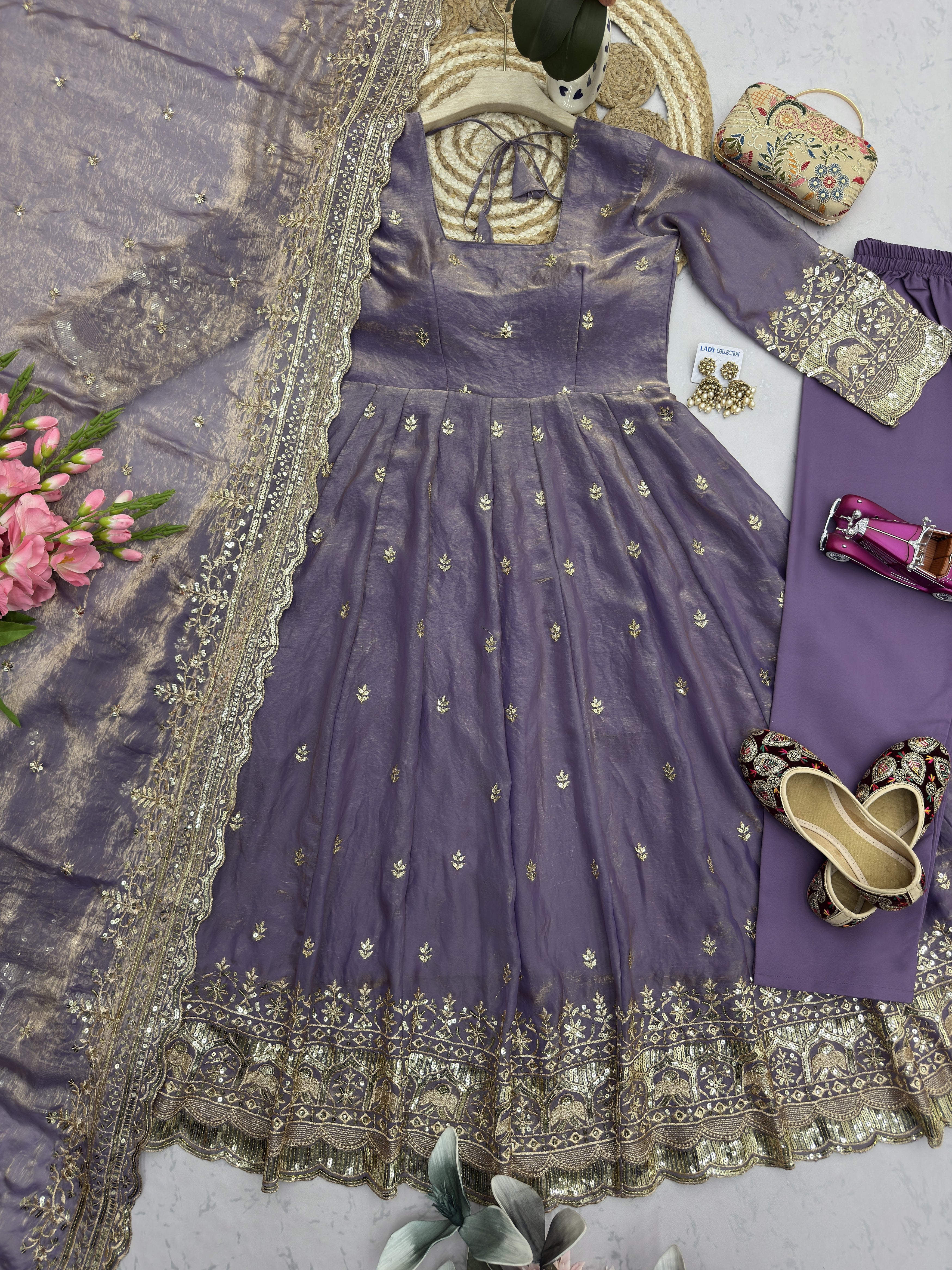 Luxury Dusty Lavender Party Wear Anarkali Gown Set with Embroidered Dupatta