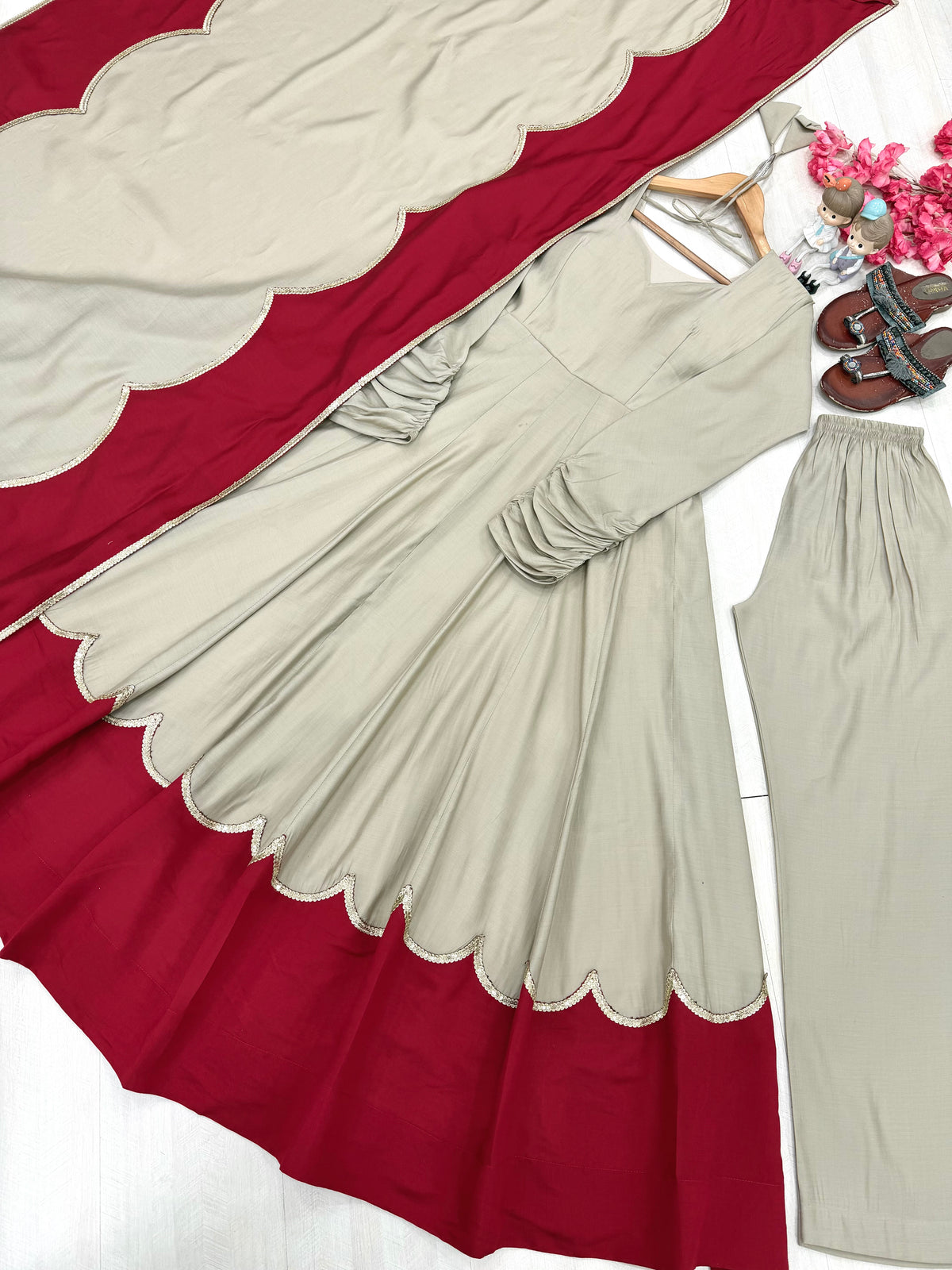 Beige & Wine Red Roman Silk Embroidered Anarkali Gown Set with Palazzo & Dupatta