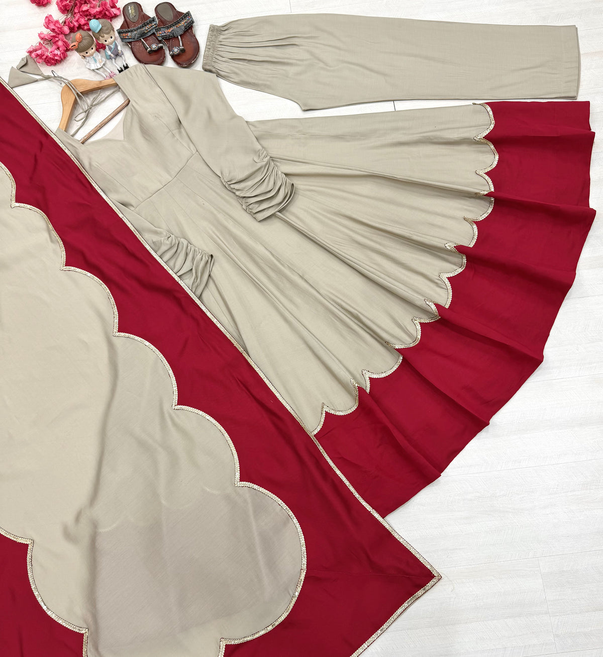 Beige & Wine Red Roman Silk Embroidered Anarkali Gown Set with Palazzo & Dupatta