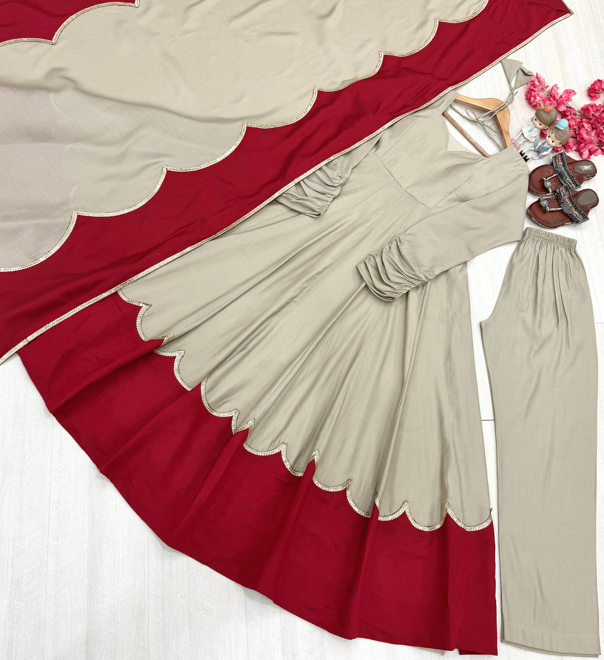 Beige & Wine Red Roman Silk Embroidered Anarkali Gown Set with Palazzo & Dupatta