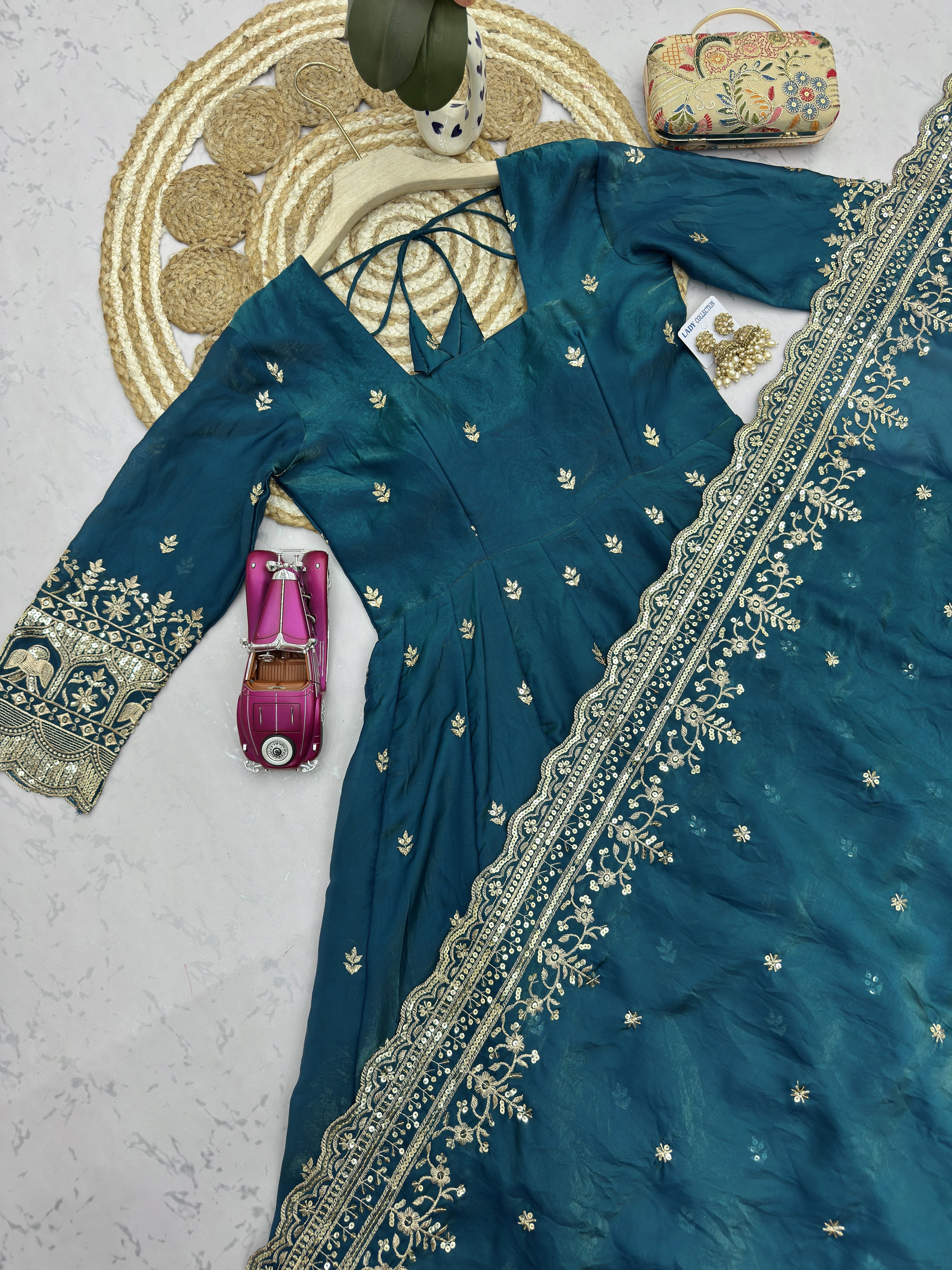 Peacock Blue Embroidered Anarkali Suit Set for Women | Heavy Zari & Sequins Work with Dupatta