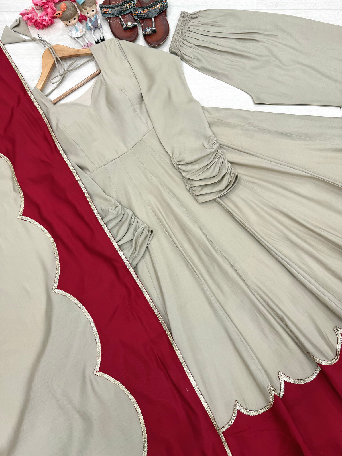 Beige & Wine Red Roman Silk Embroidered Anarkali Gown Set with Palazzo & Dupatta