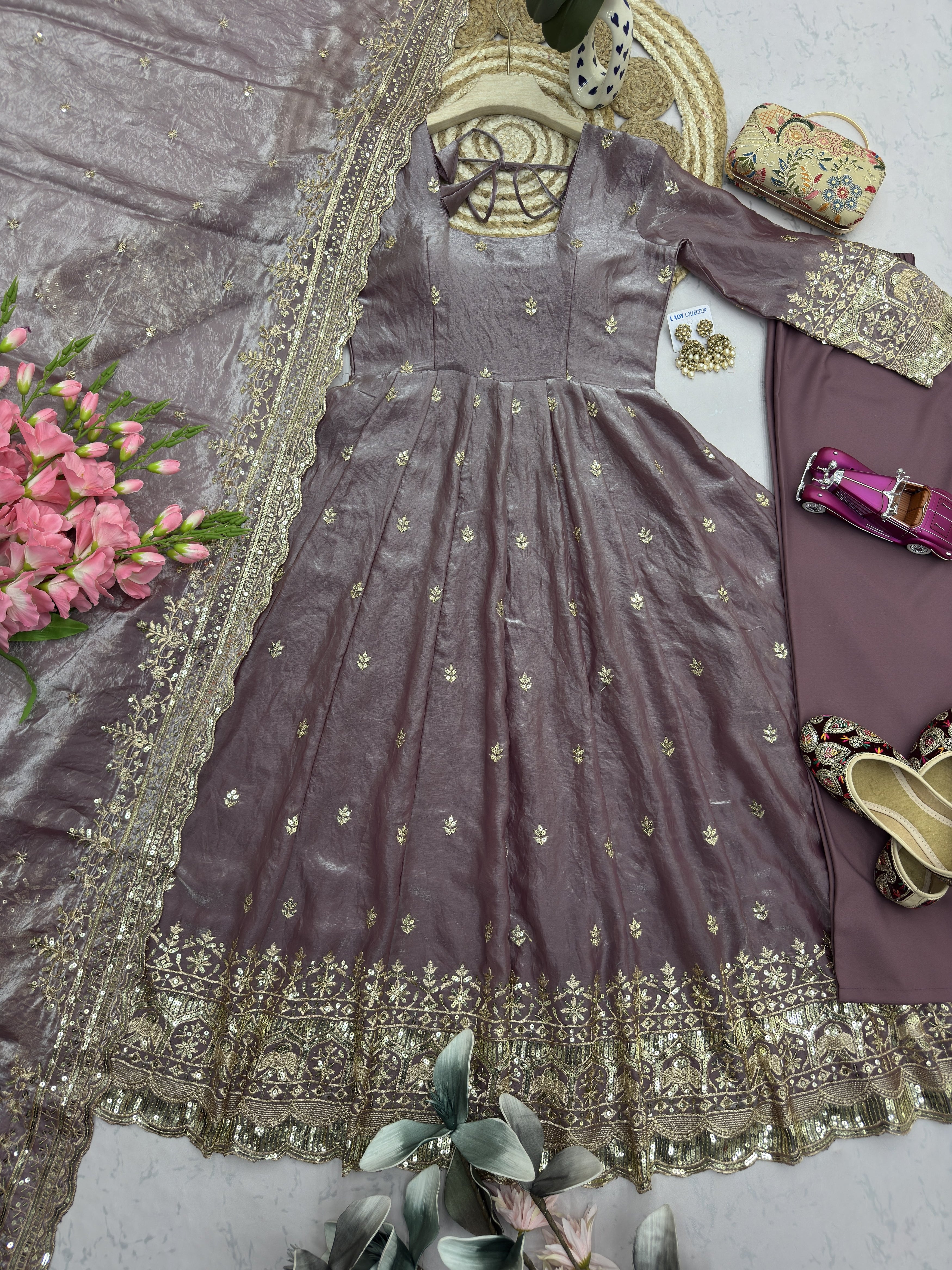 Dusty Mauve Embroidered Anarkali Suit Set for Women | Heavy Zari & Sequins Work with Dupatta