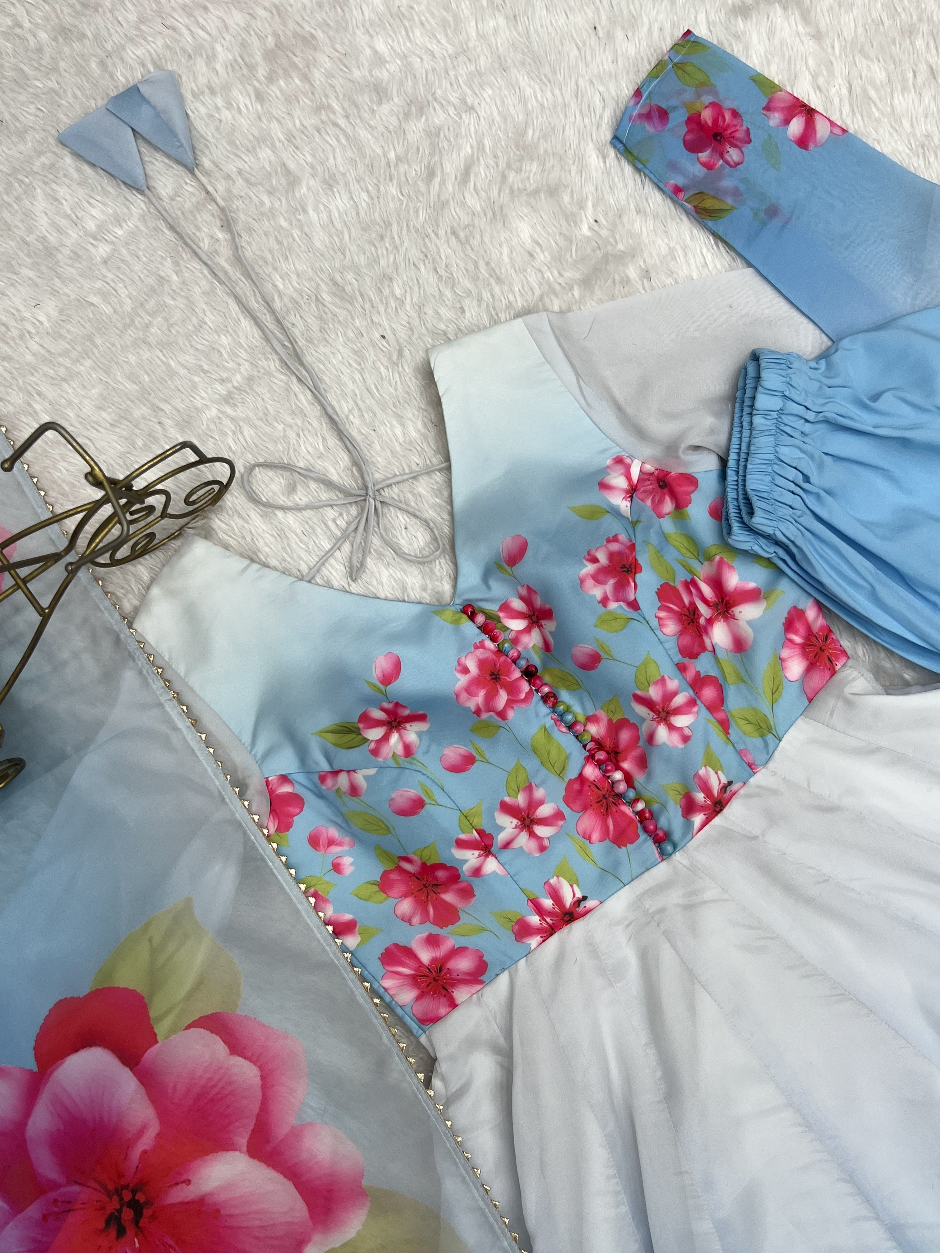 Sky Blue Floral Organza Silk Anarkali Suit Set with Dupatta | Fully Stitched Party Wear Gown