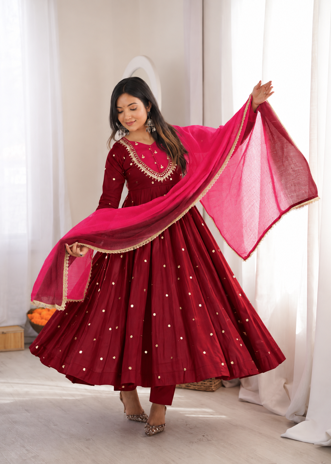 Wine Red with Pink Roman Silk Anarkali Gown With Mirror Work & Kota Dupatta
