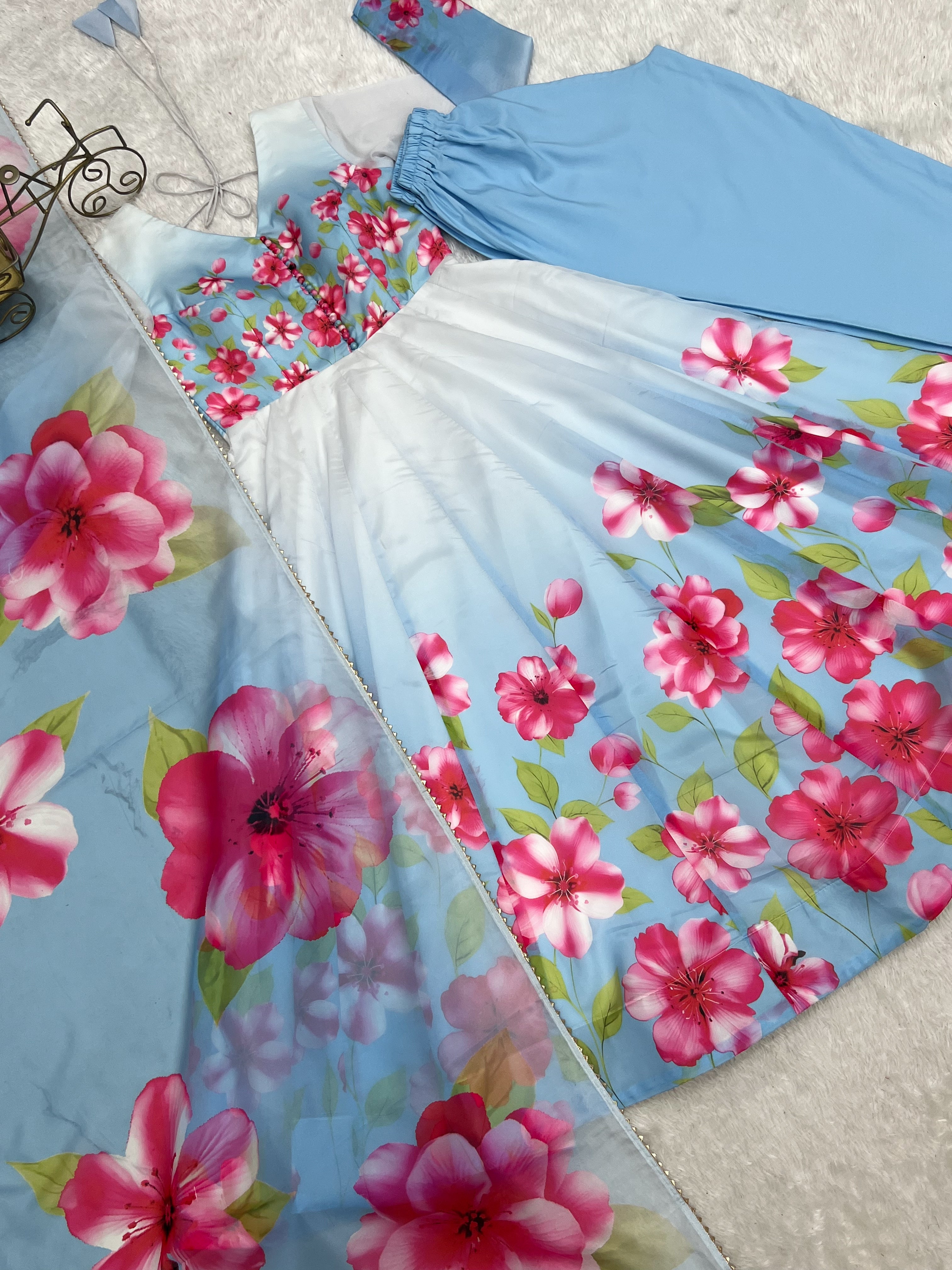 Sky Blue Floral Organza Silk Anarkali Suit Set with Dupatta | Fully Stitched Party Wear Gown