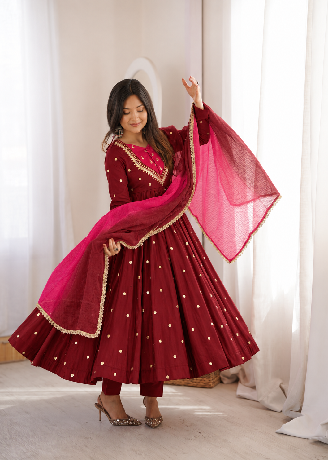 Wine Red with Pink Roman Silk Anarkali Gown With Mirror Work & Kota Dupatta