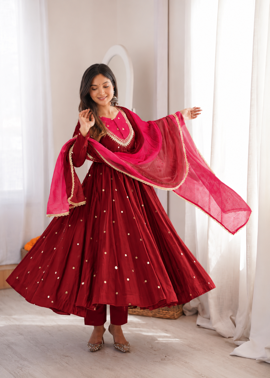 Wine Red with Pink Roman Silk Anarkali Gown With Mirror Work & Kota Dupatta