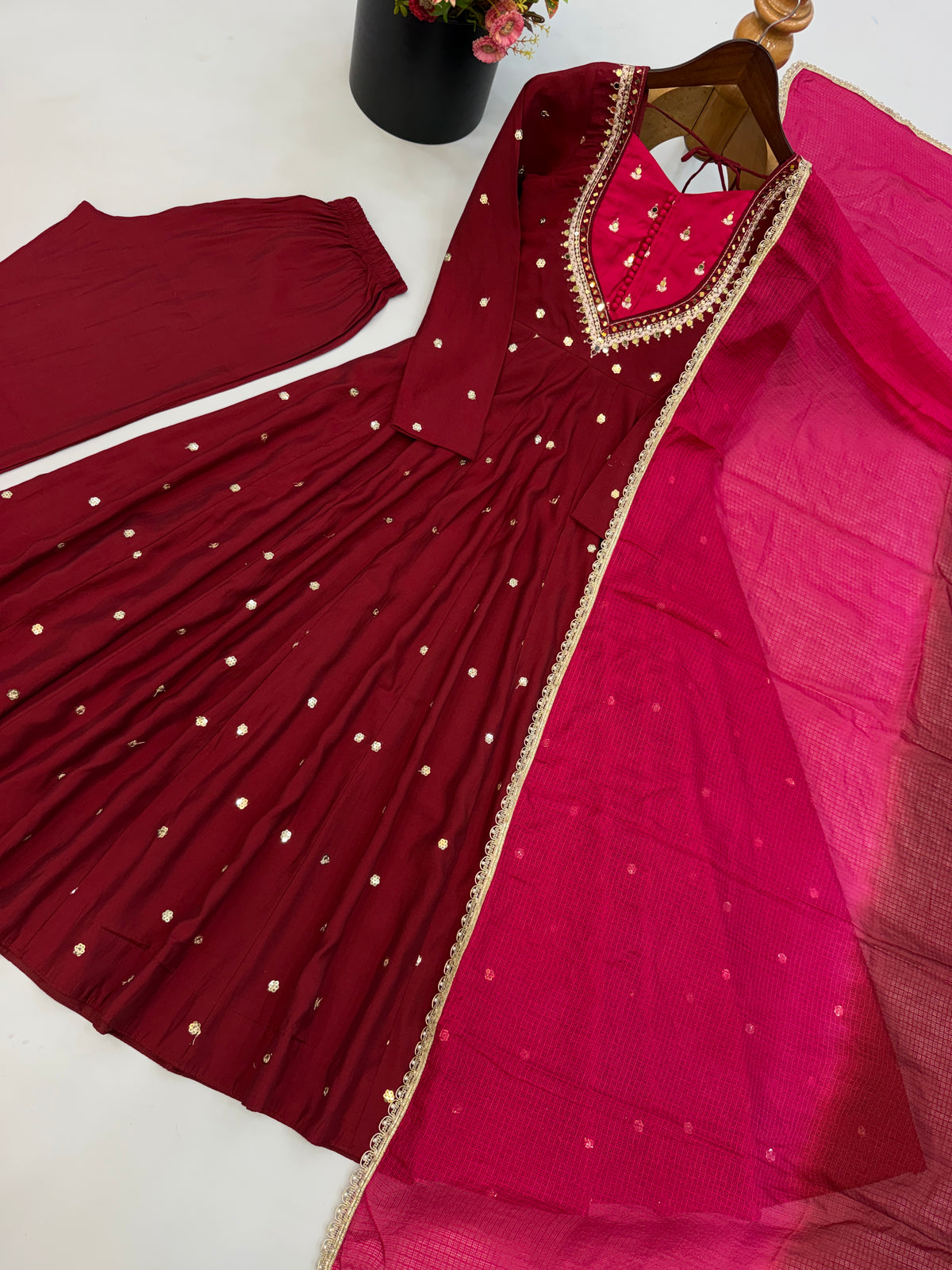 Wine Red with Pink Roman Silk Anarkali Gown With Mirror Work & Kota Dupatta