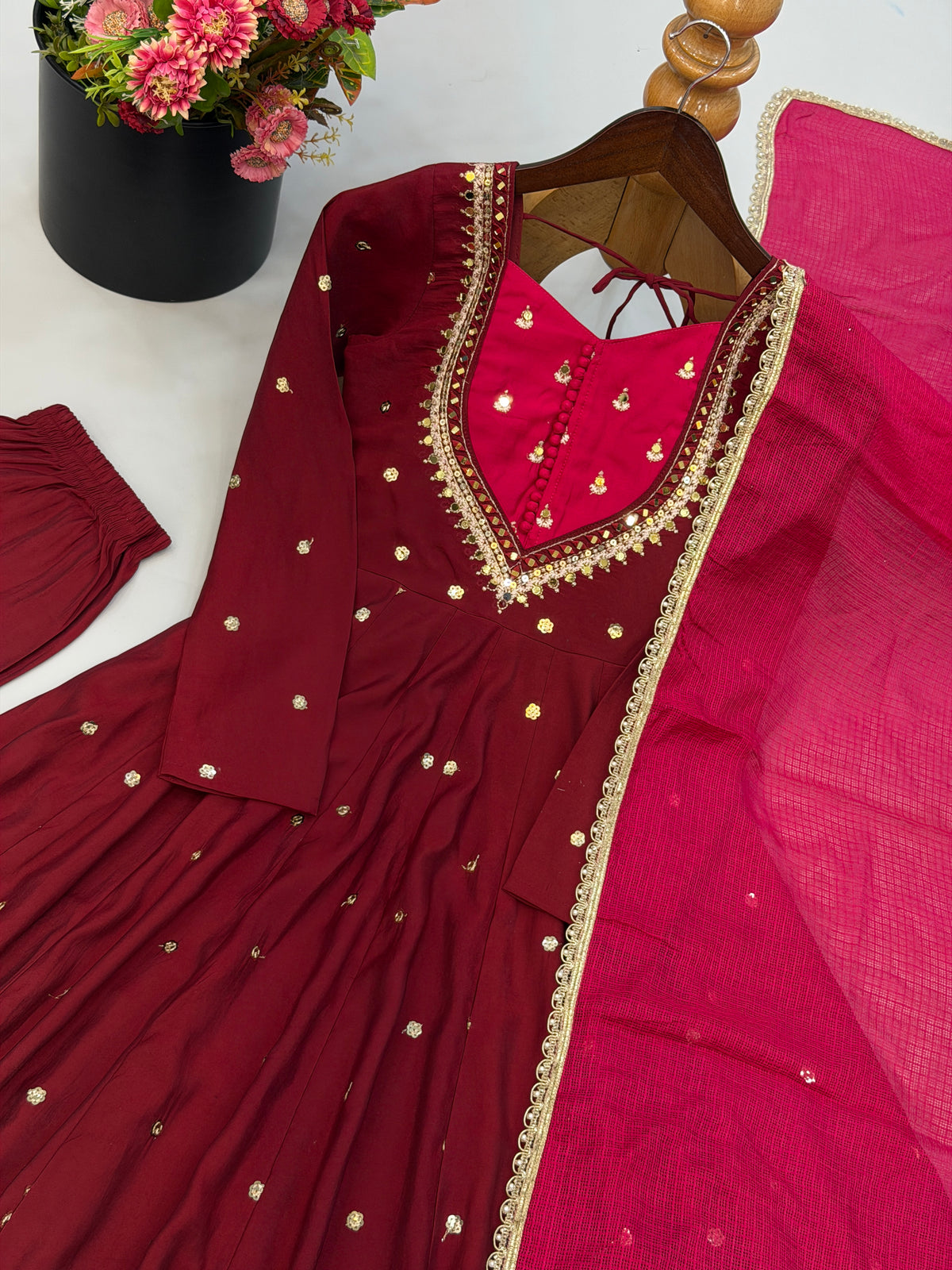 Wine Red with Pink Roman Silk Anarkali Gown With Mirror Work & Kota Dupatta