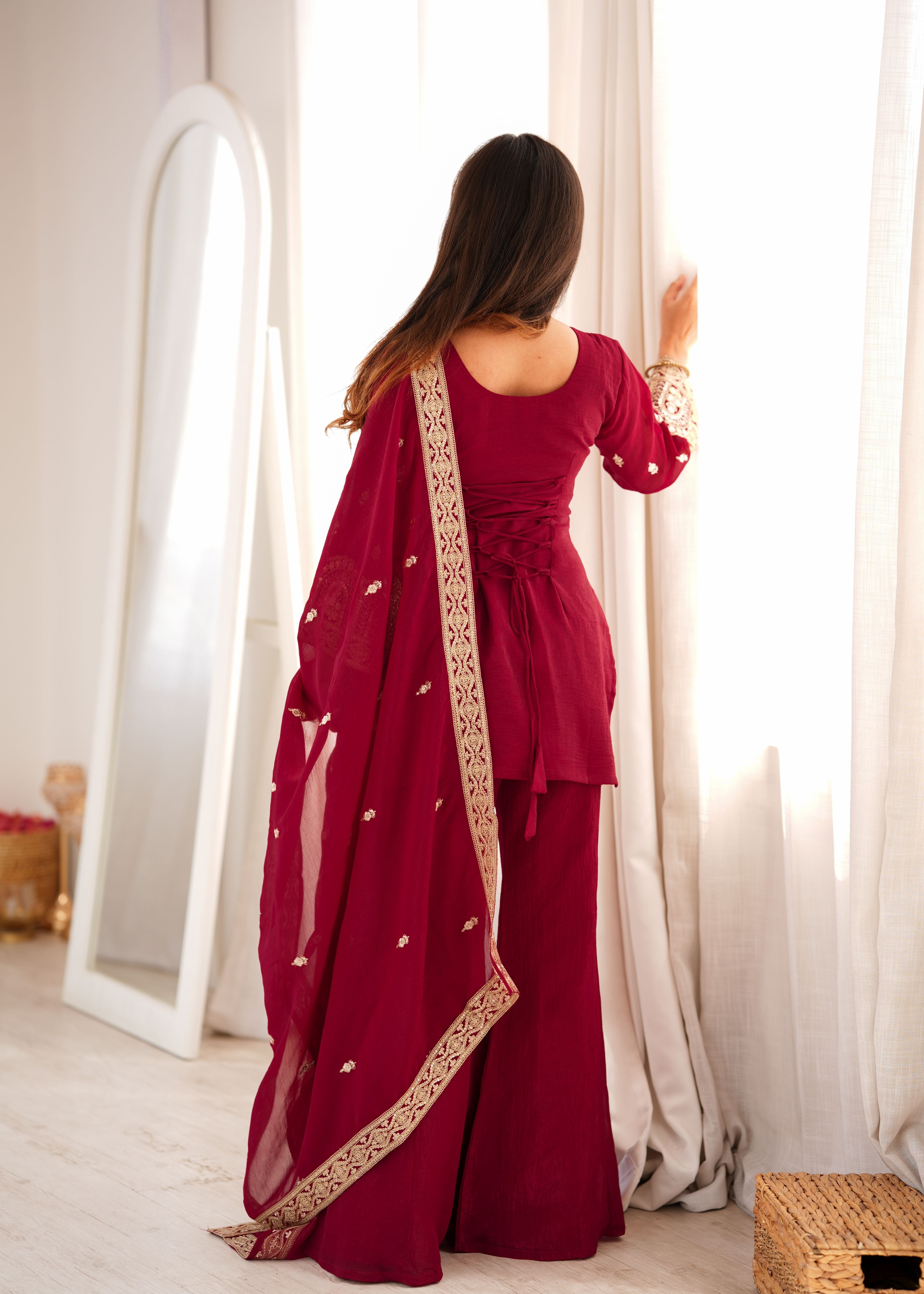 Wine Crunchy Silk Embroidered Kurta Palazzo Set with Dupatta | Designer Festive Wear
