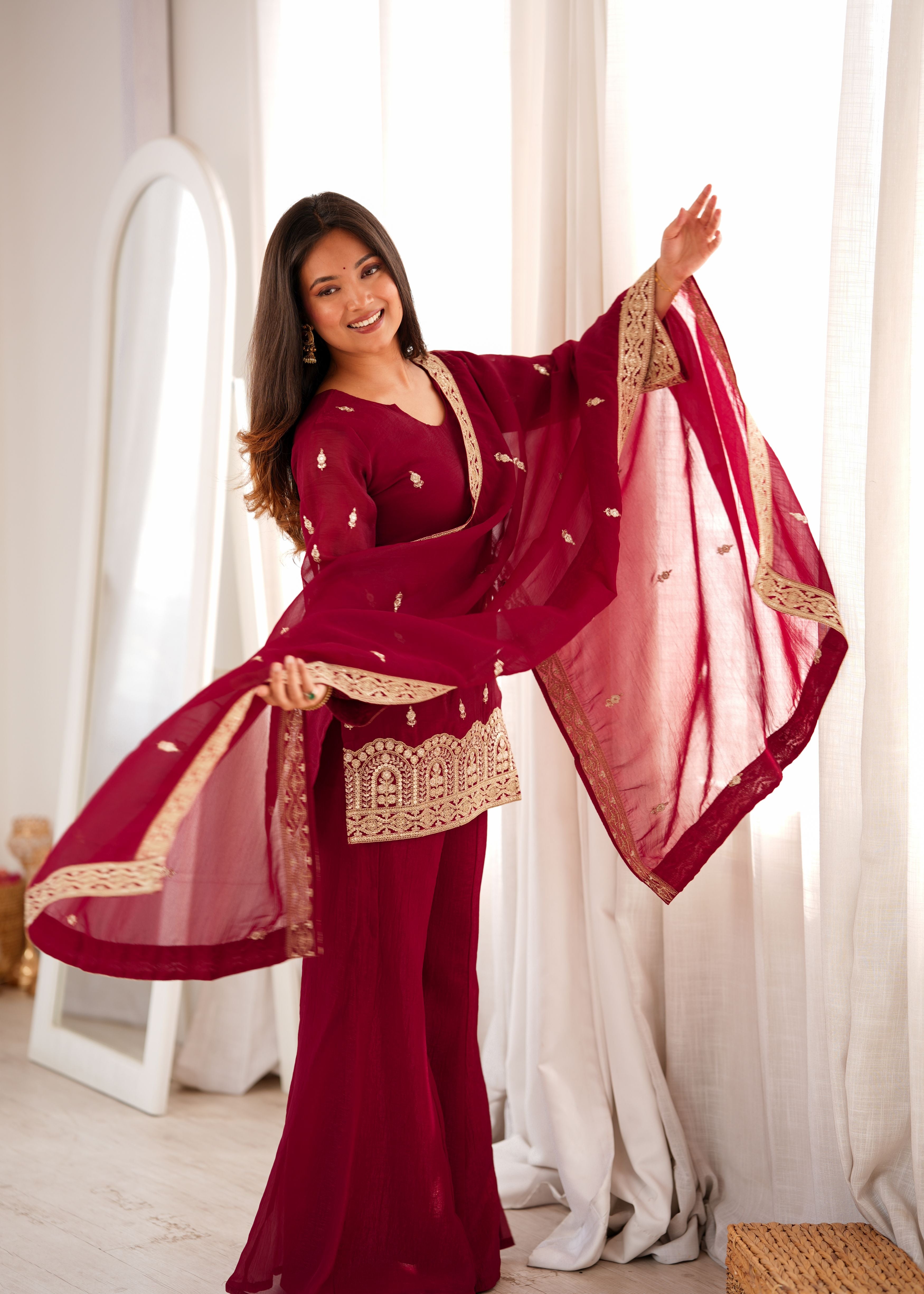 Wine Crunchy Silk Embroidered Kurta Palazzo Set with Dupatta | Designer Festive Wear