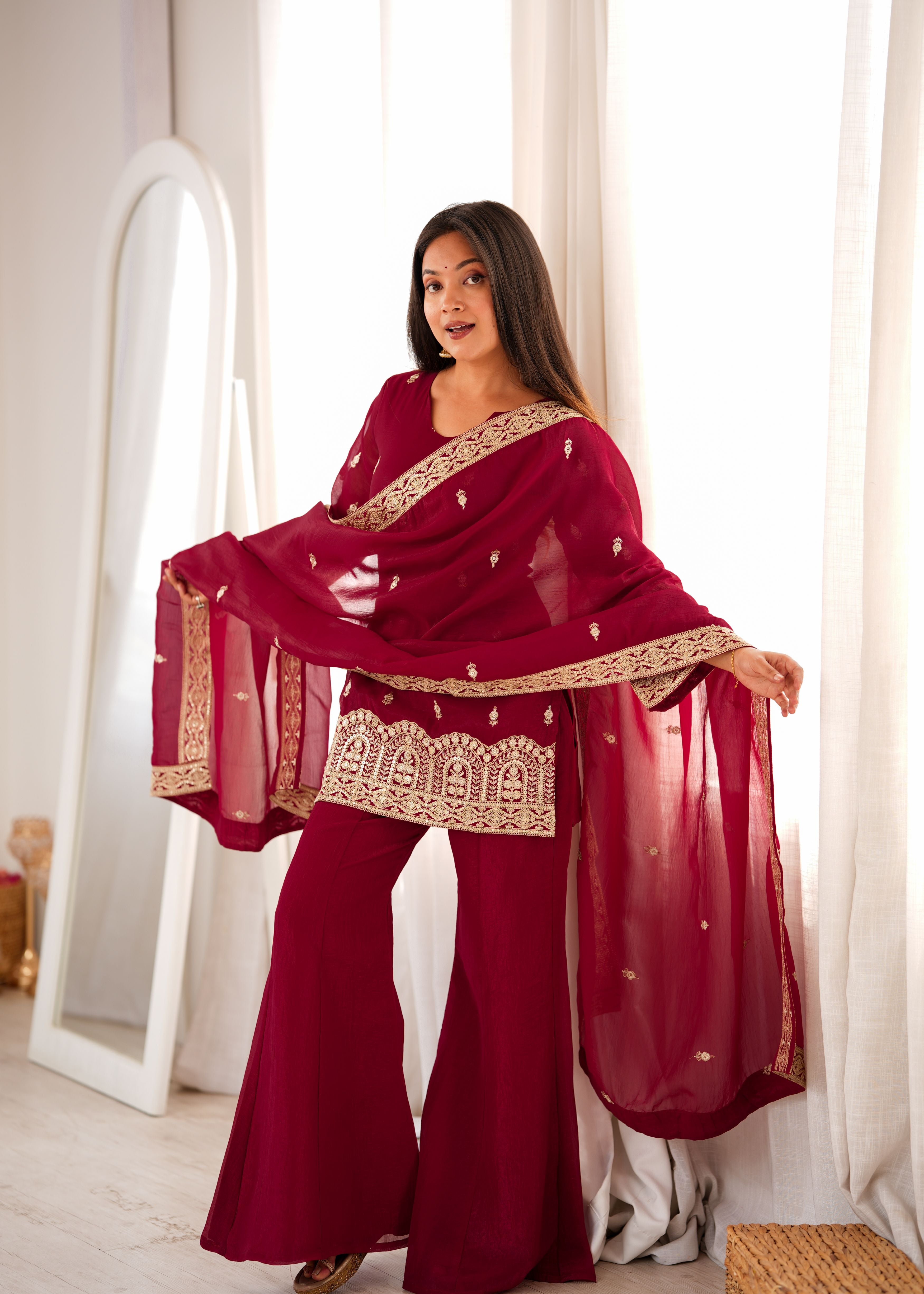 Wine Crunchy Silk Embroidered Kurta Palazzo Set with Dupatta | Designer Festive Wear