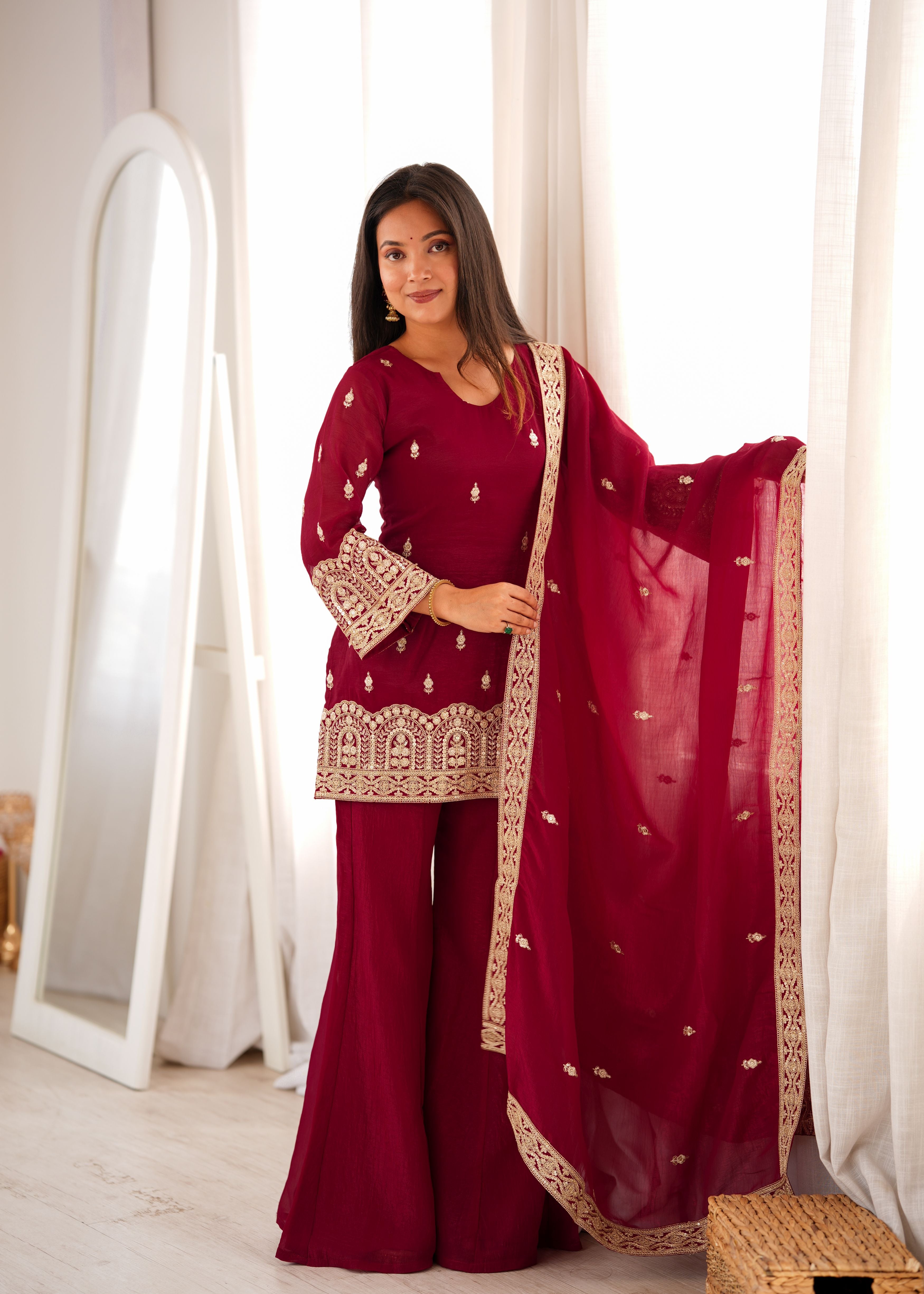 Wine Crunchy Silk Embroidered Kurta Palazzo Set with Dupatta | Designer Festive Wear