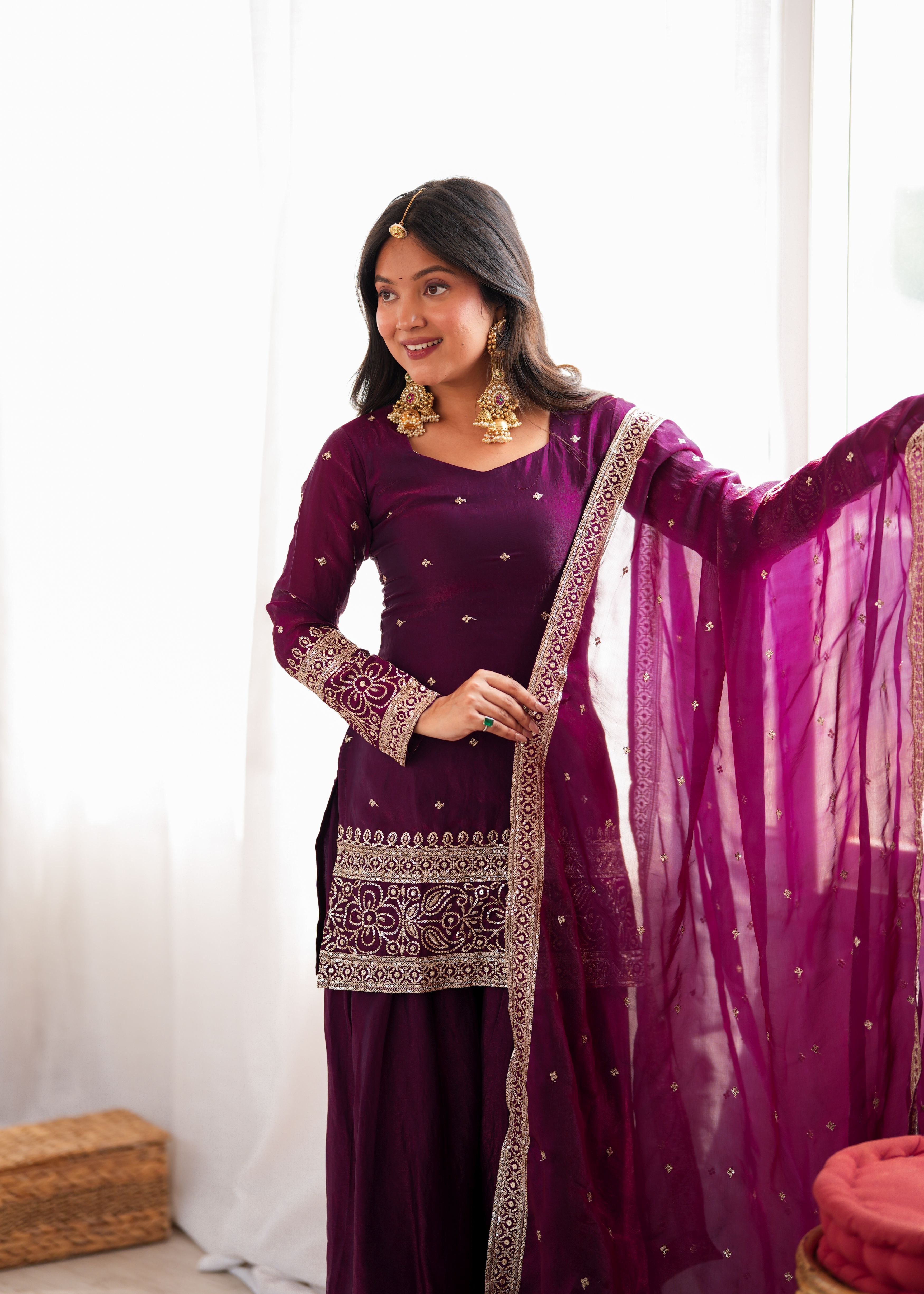 Wine Purple Fendy Silk Farshi Shalwar Suit Set with Embroidered Dupatta