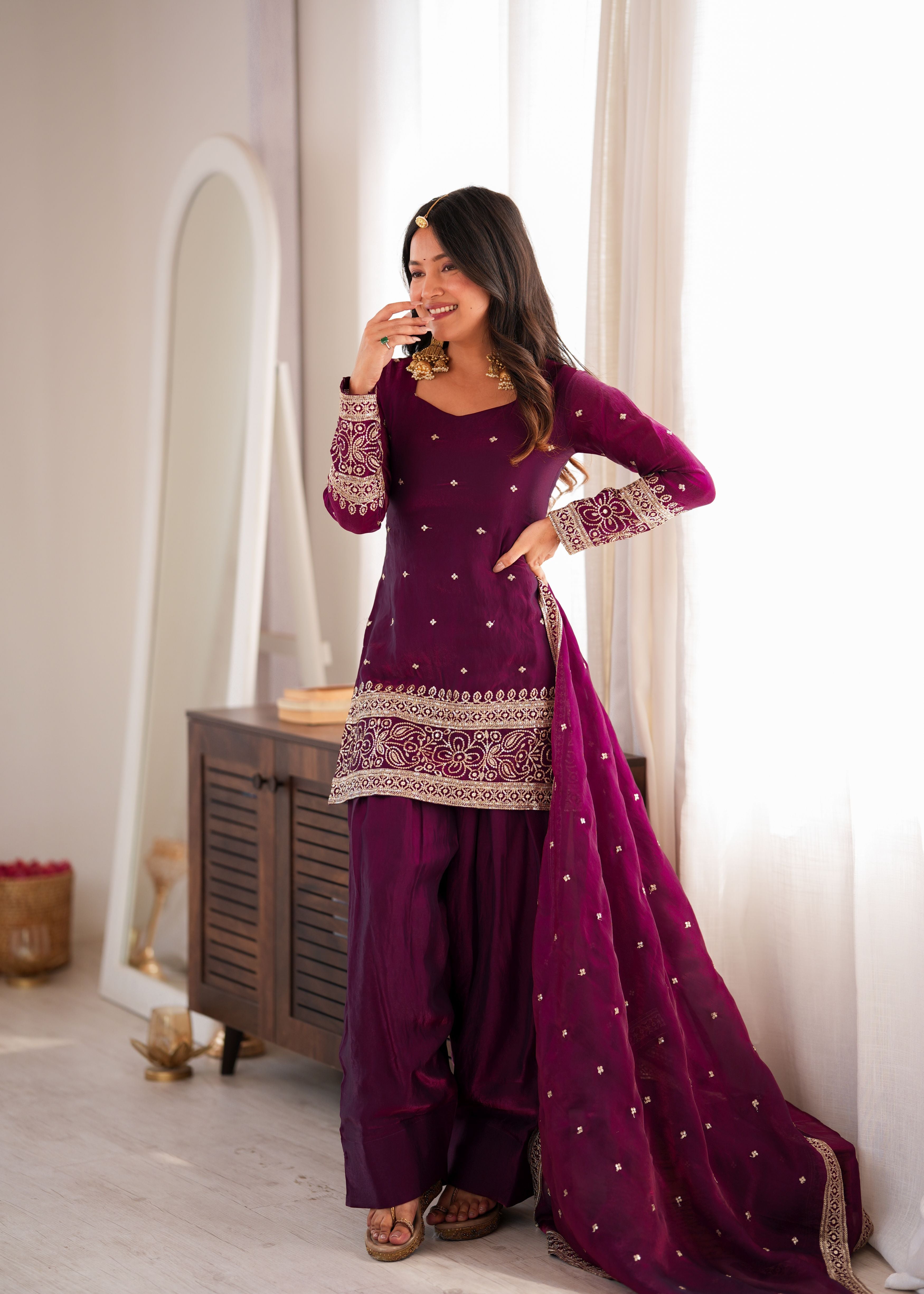 Wine Purple Fendy Silk Farshi Shalwar Suit Set with Embroidered Dupatta