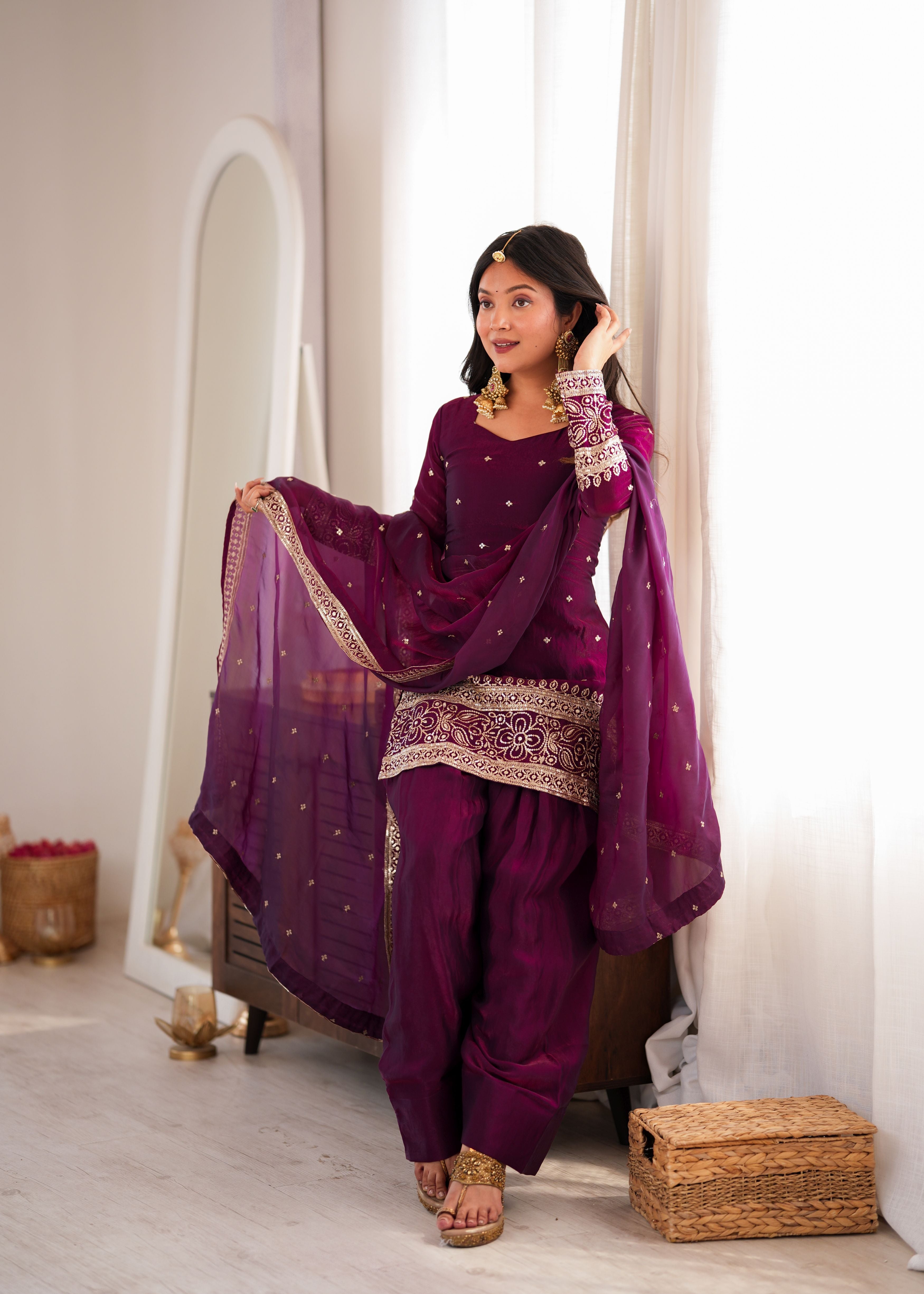 Wine Purple Fendy Silk Farshi Shalwar Suit Set with Embroidered Dupatta
