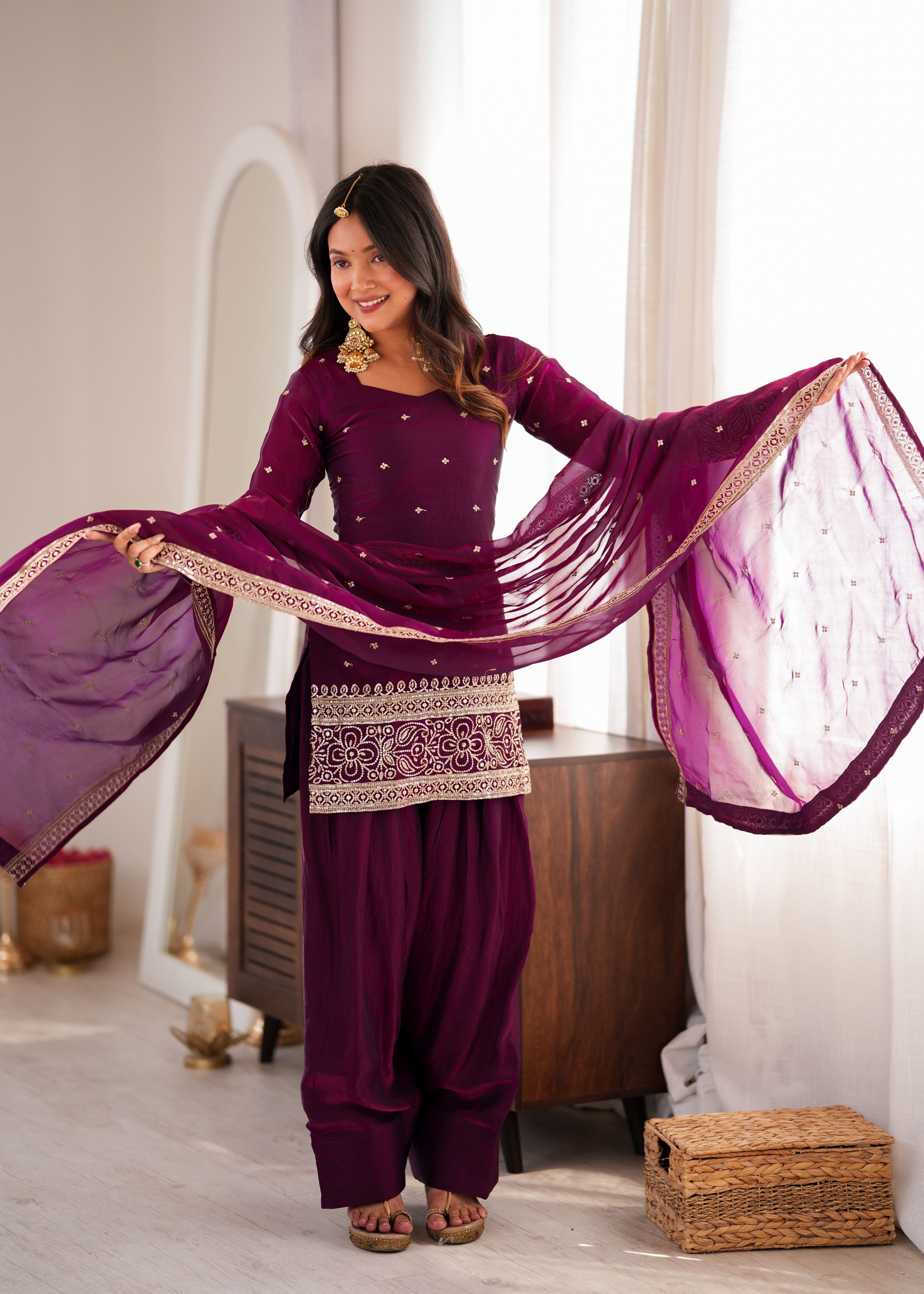 Wine Purple Fendy Silk Farshi Shalwar Suit Set with Embroidered Dupatta