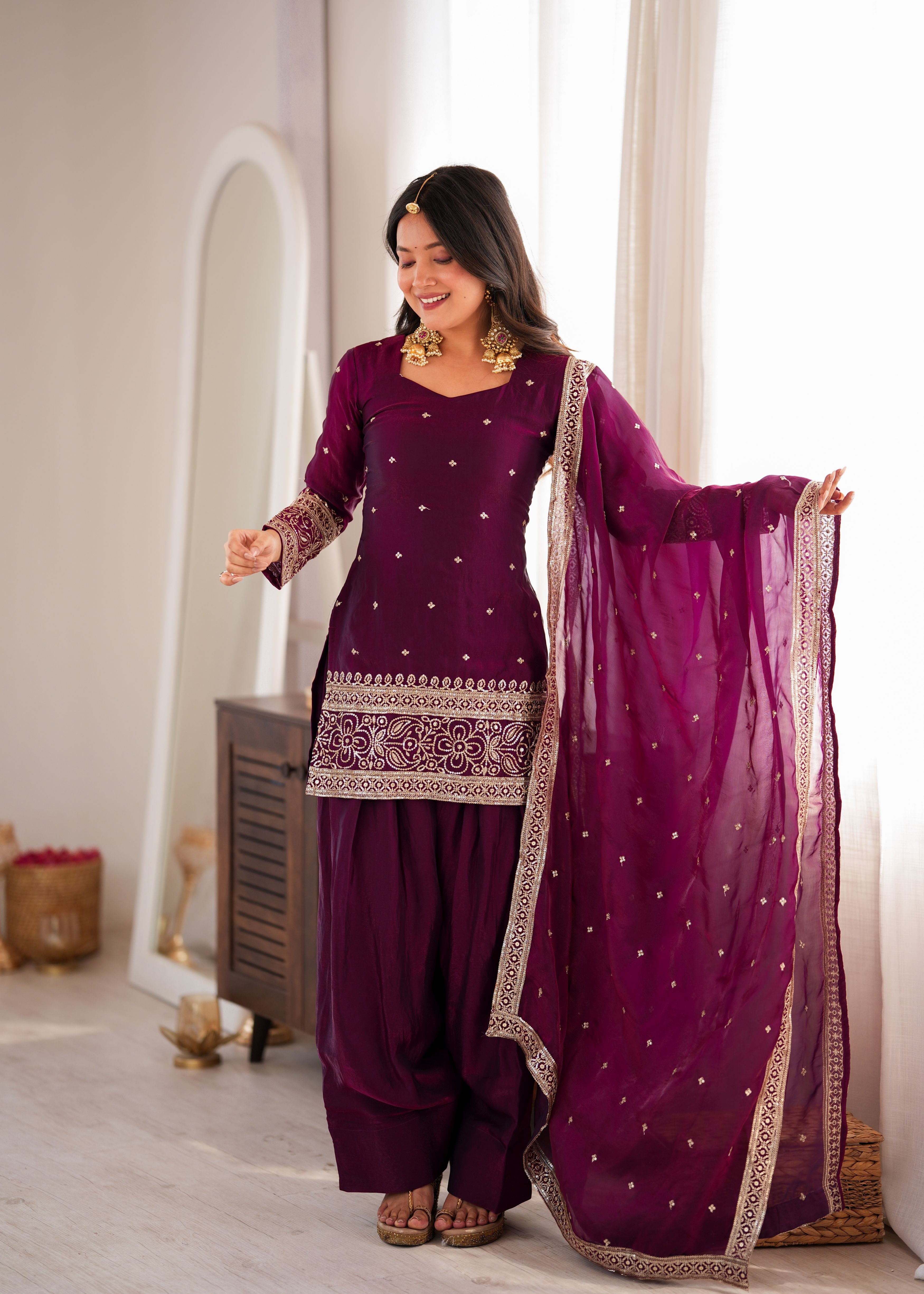 Wine Purple Fendy Silk Farshi Shalwar Suit Set with Embroidered Dupatta