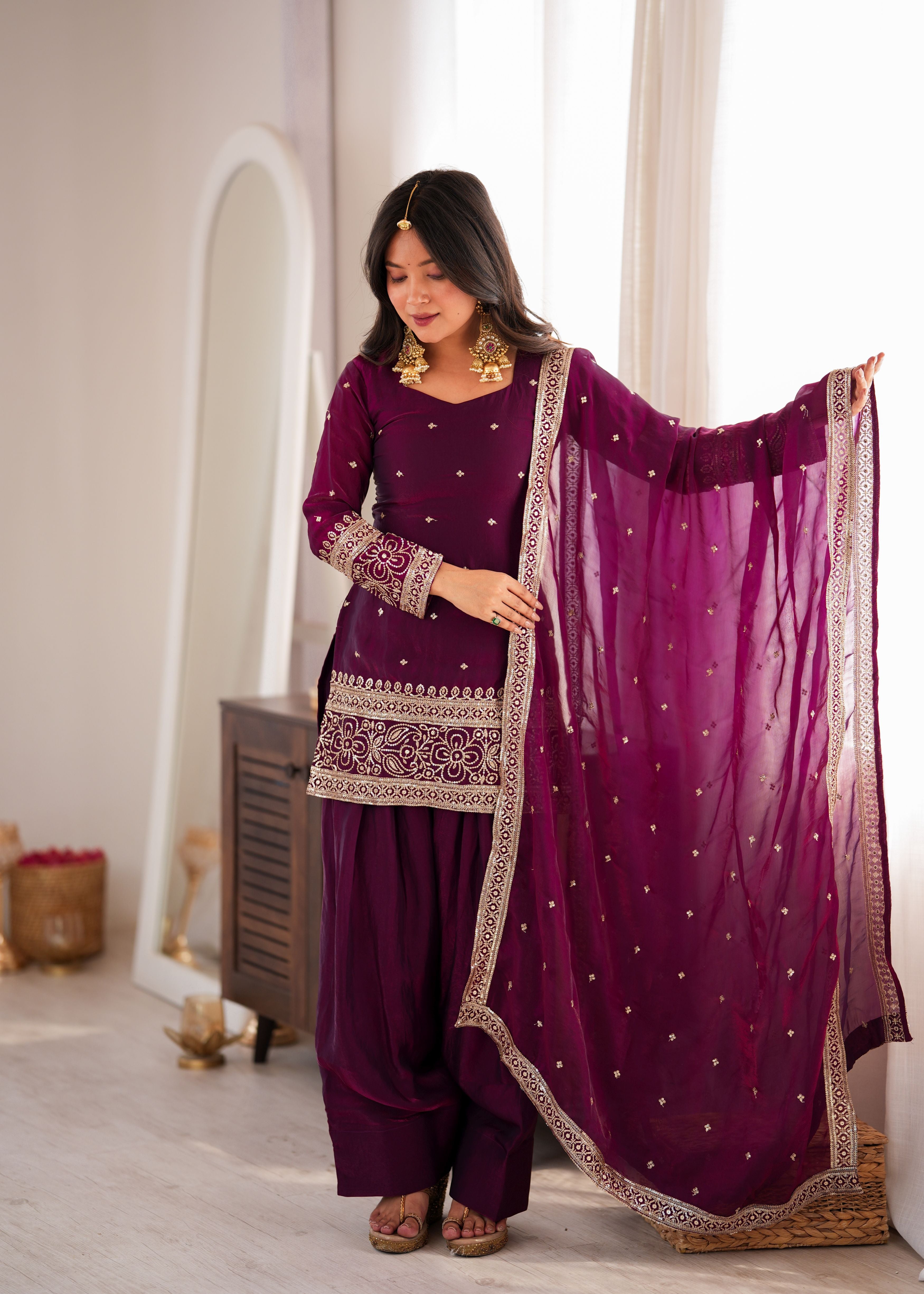 Wine Purple Fendy Silk Farshi Shalwar Suit Set with Embroidered Dupatta