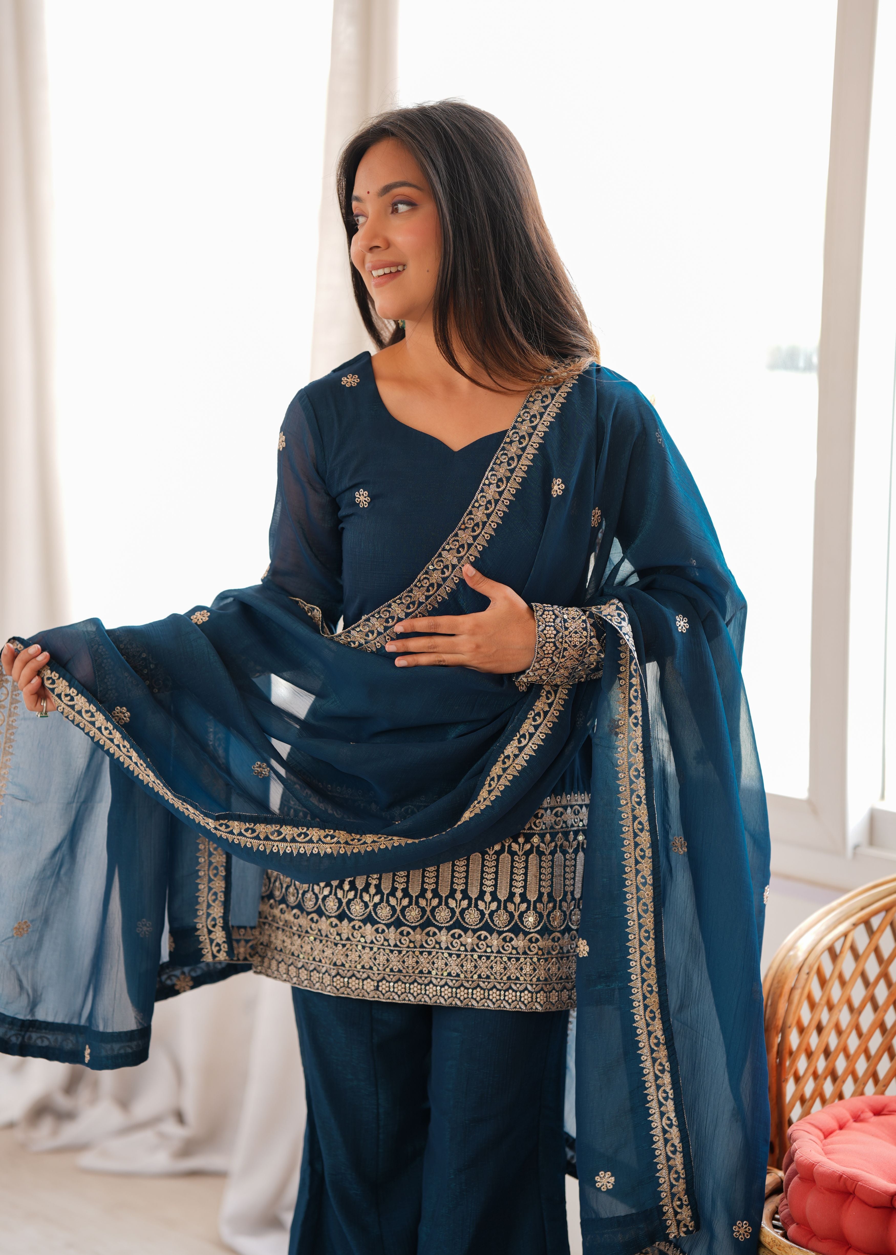 Teal Blue Crunchy Silk Embroidered Kurta Palazzo Set with Dupatta