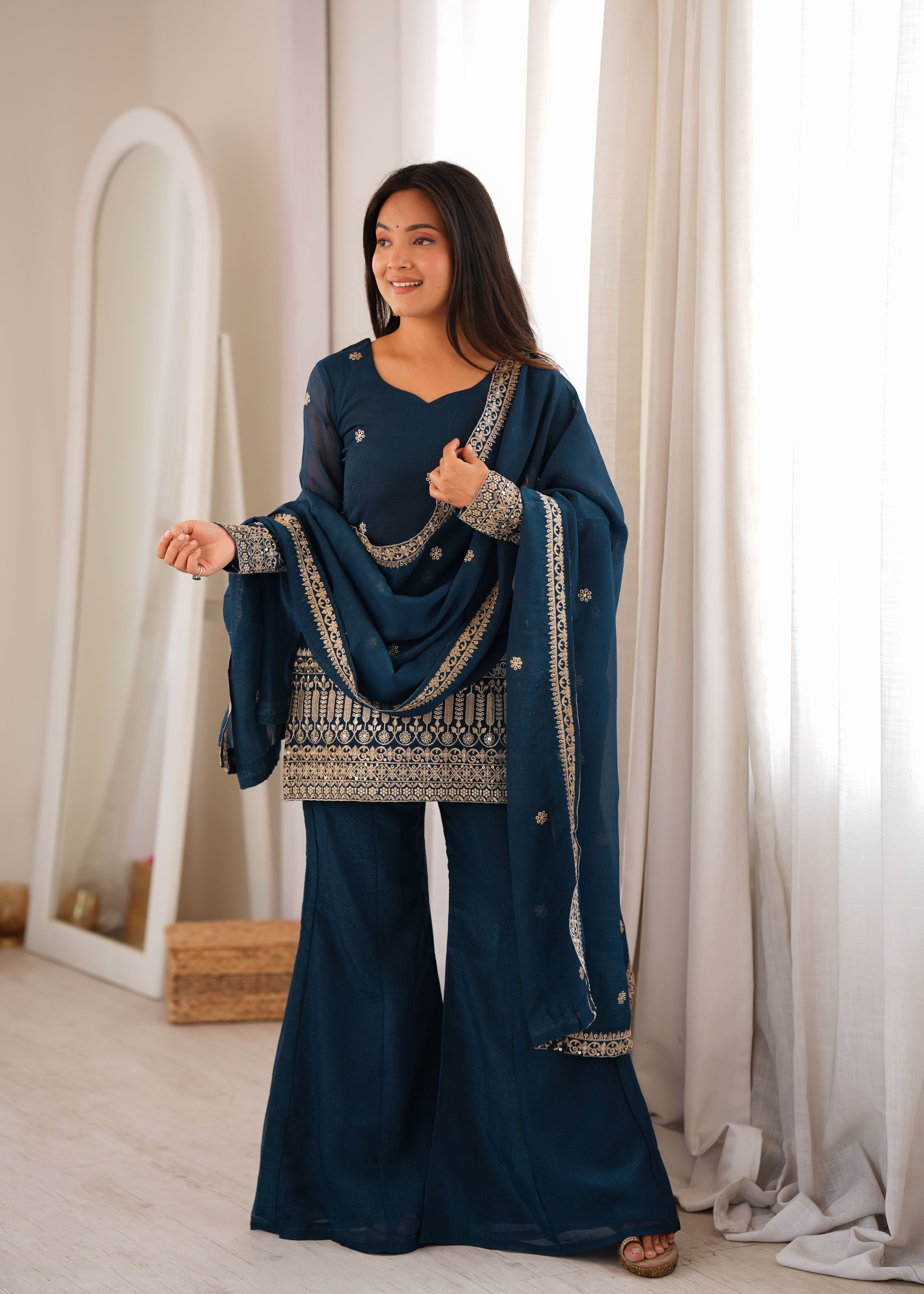 Teal Blue Crunchy Silk Embroidered Kurta Palazzo Set with Dupatta