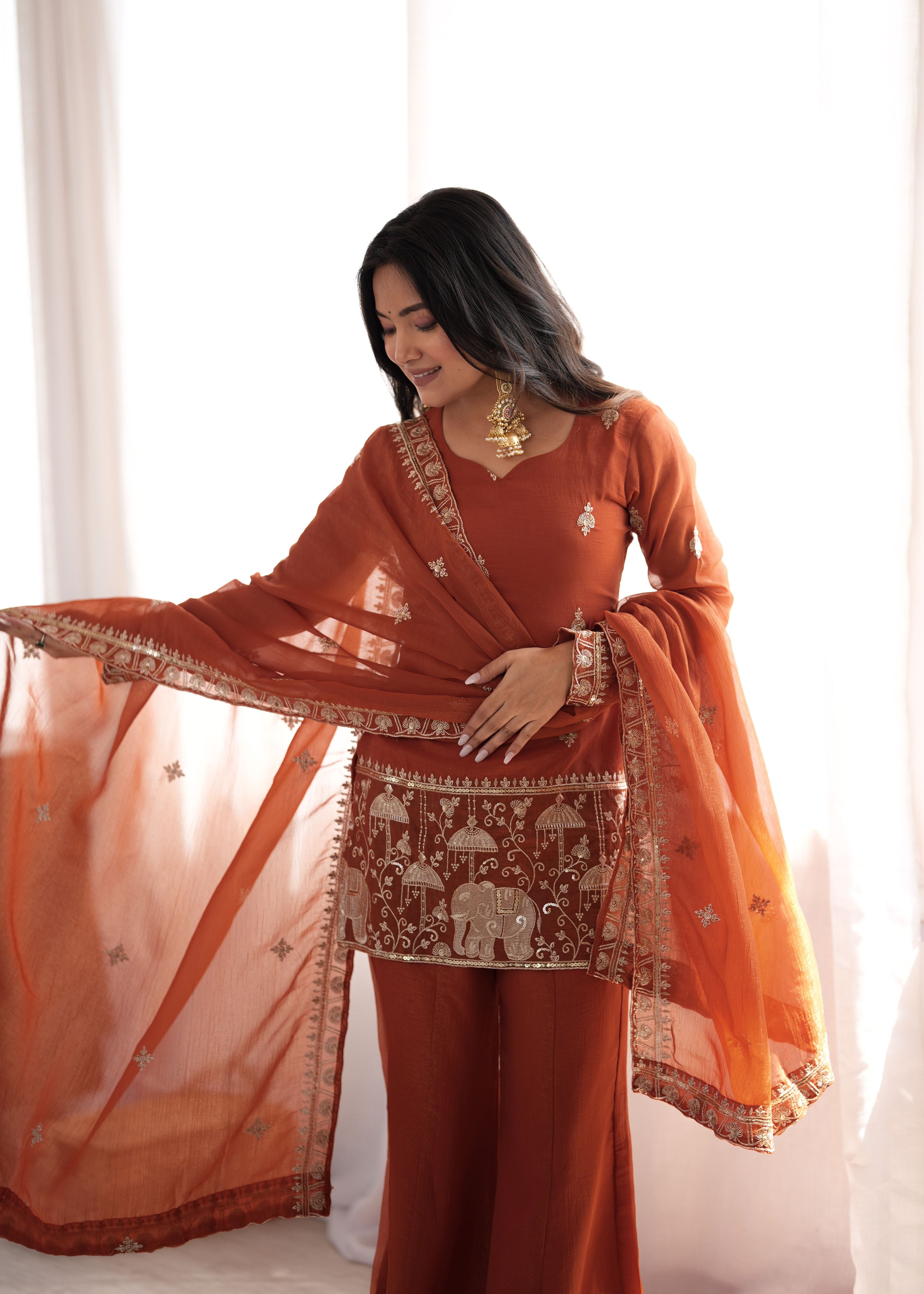 Rust Brown Crunchy Silk Embroidered Kurta Set with Bell Bottom Pants & Dupatta