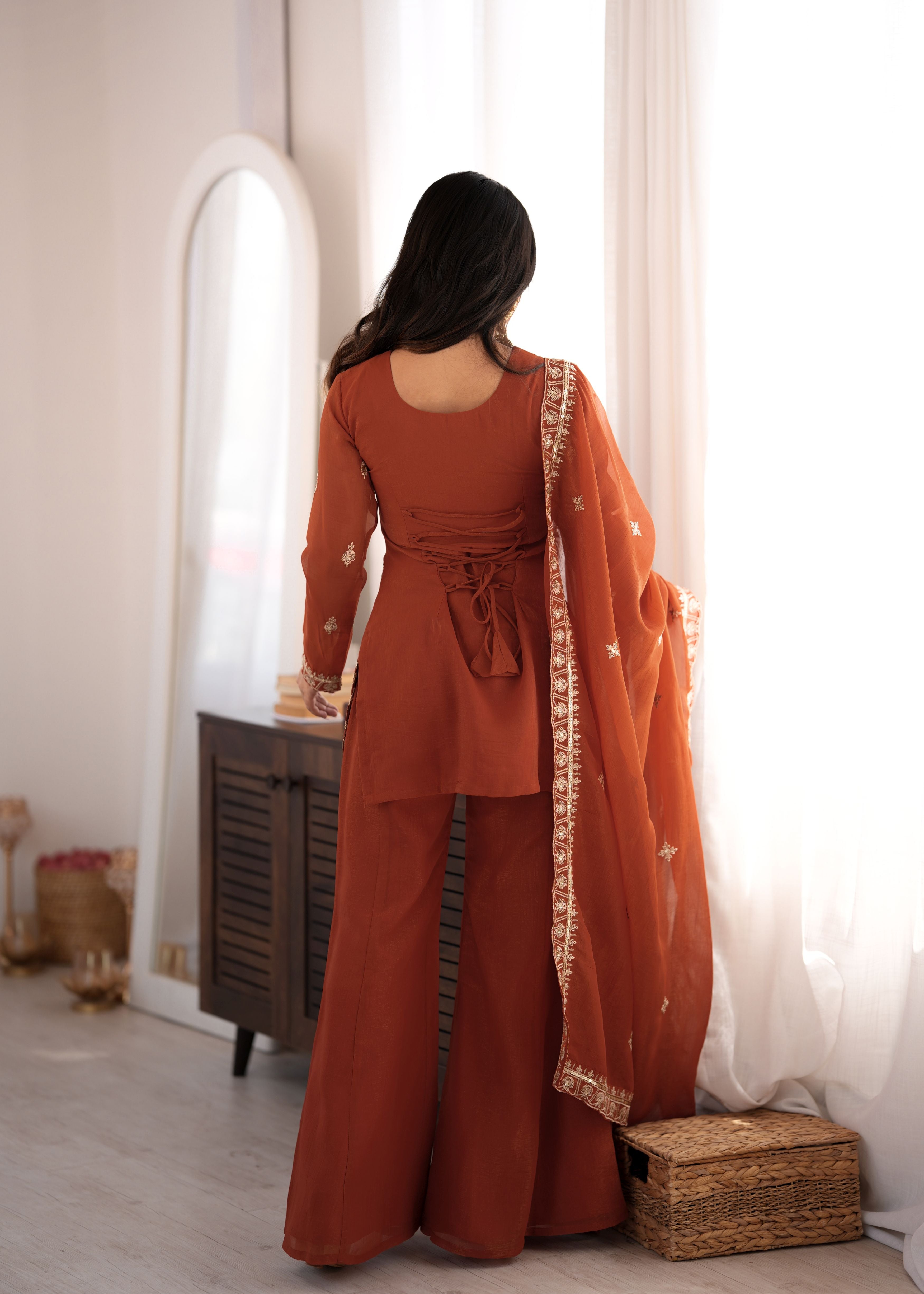 Rust Brown Crunchy Silk Embroidered Kurta Set with Bell Bottom Pants & Dupatta