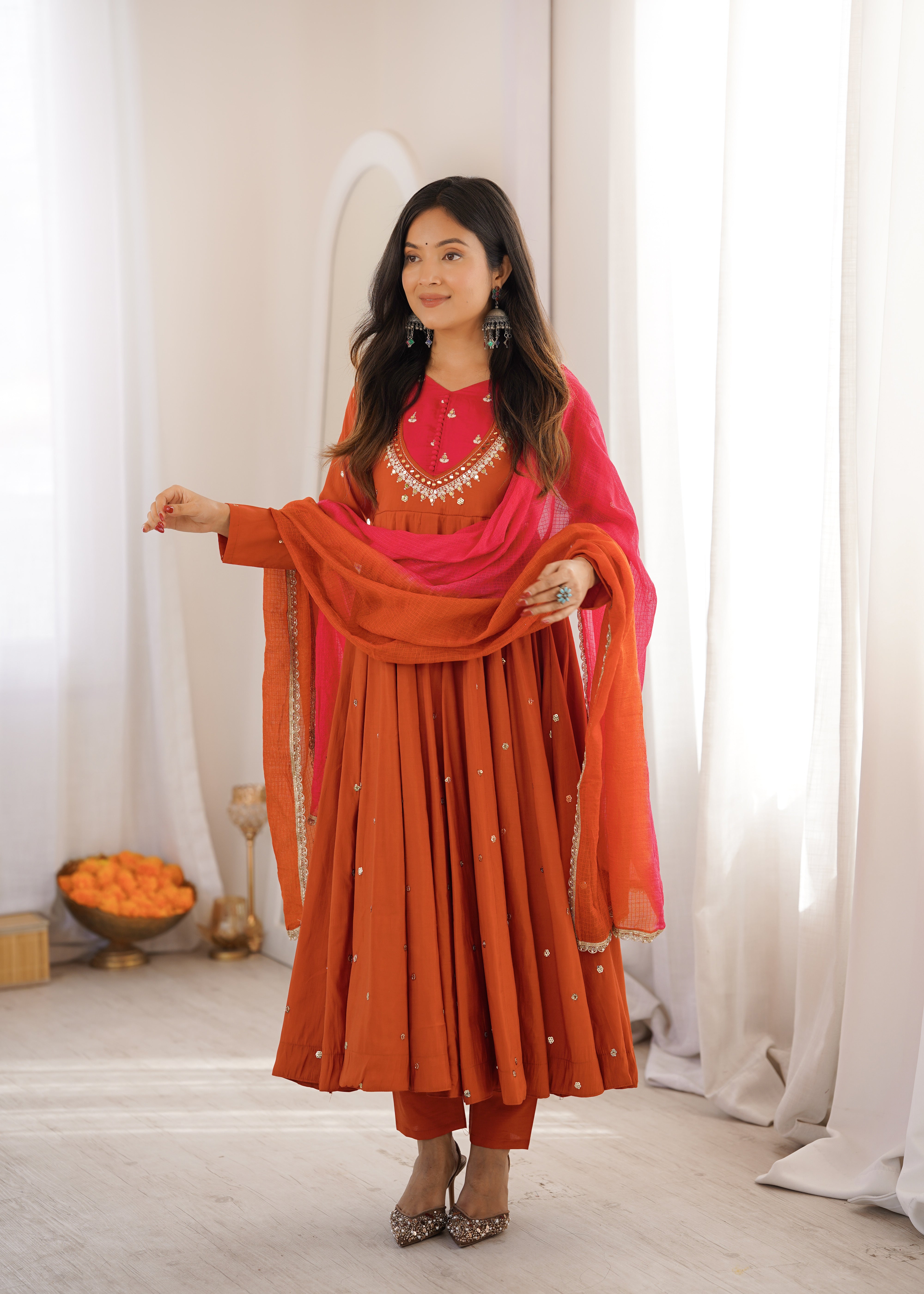 Rust Orange Roman Silk Anarkali Suit Set with Real Mirror Work & Pink Kota Dupatta | Ready to Wear