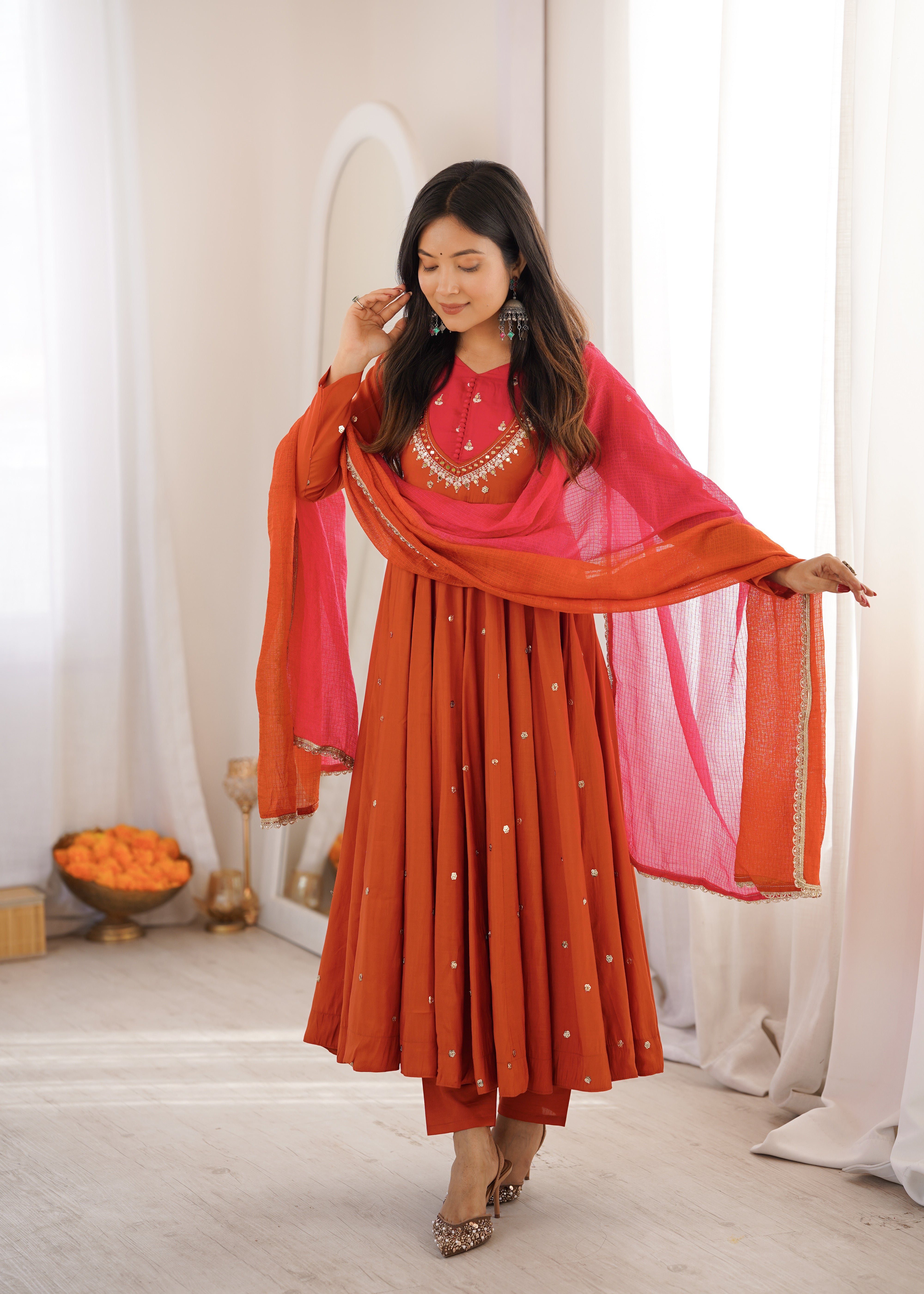 Rust Orange Roman Silk Anarkali Suit Set with Real Mirror Work & Pink Kota Dupatta | Ready to Wear