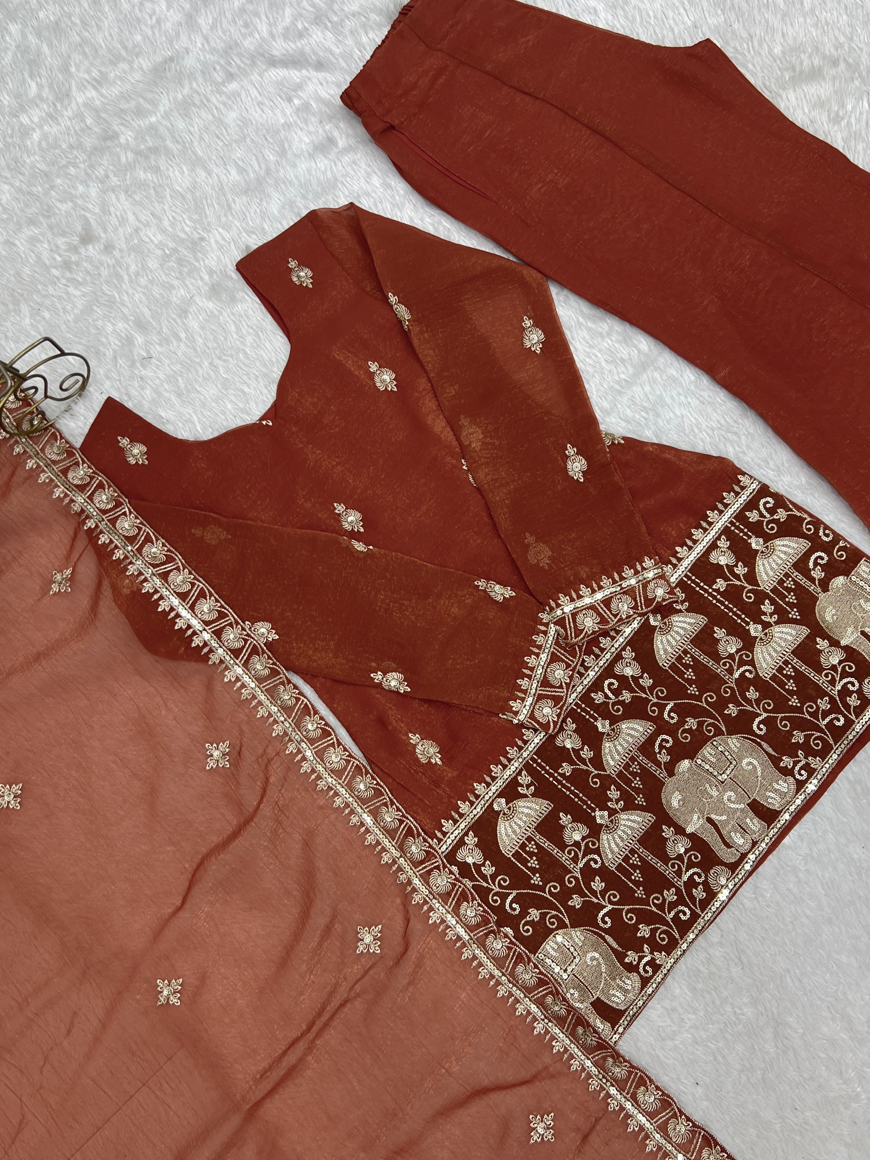 Rust Brown Crunchy Silk Embroidered Kurta Set with Bell Bottom Pants & Dupatta