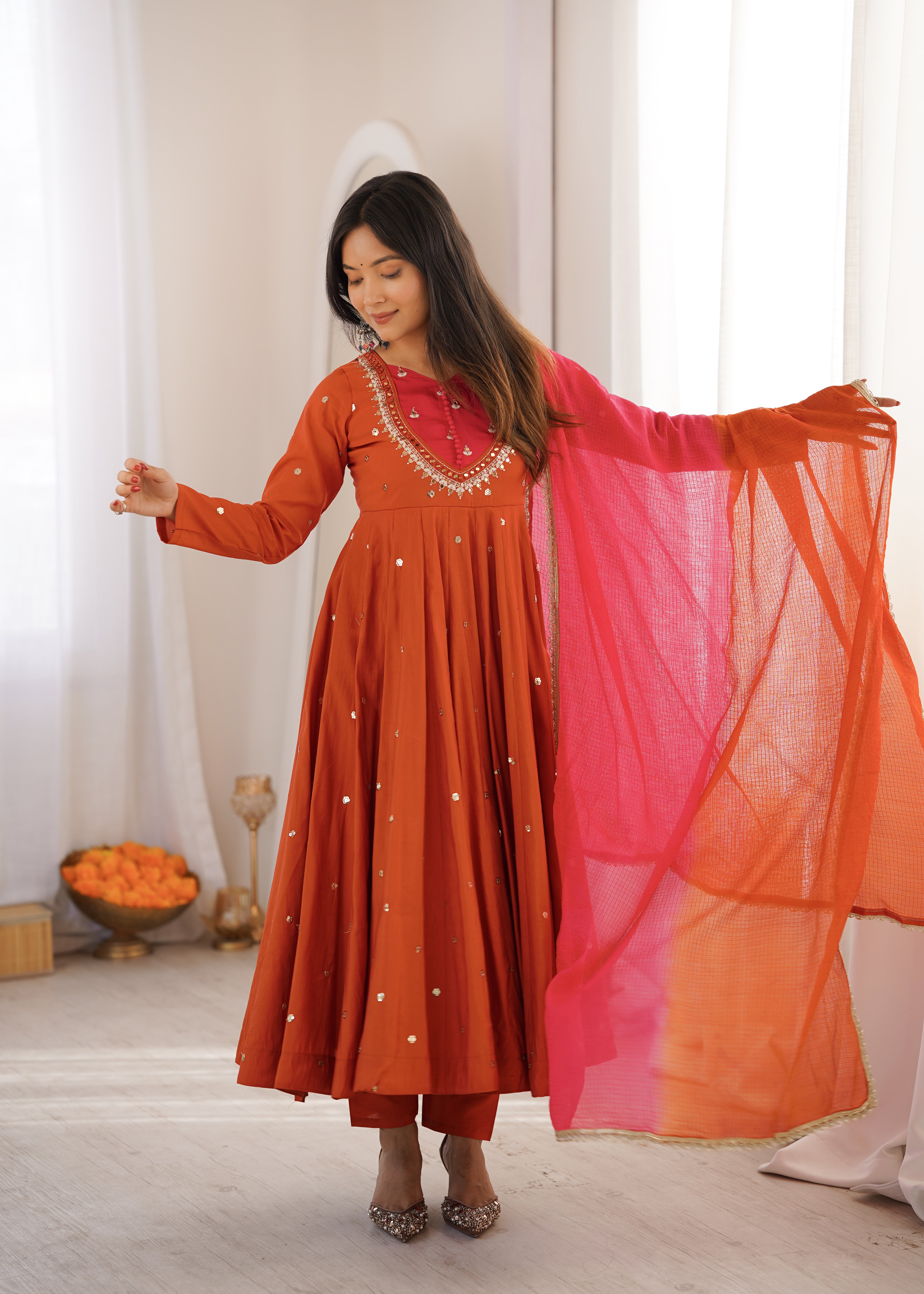 Rust Orange Roman Silk Anarkali Suit Set with Real Mirror Work & Pink Kota Dupatta | Ready to Wear