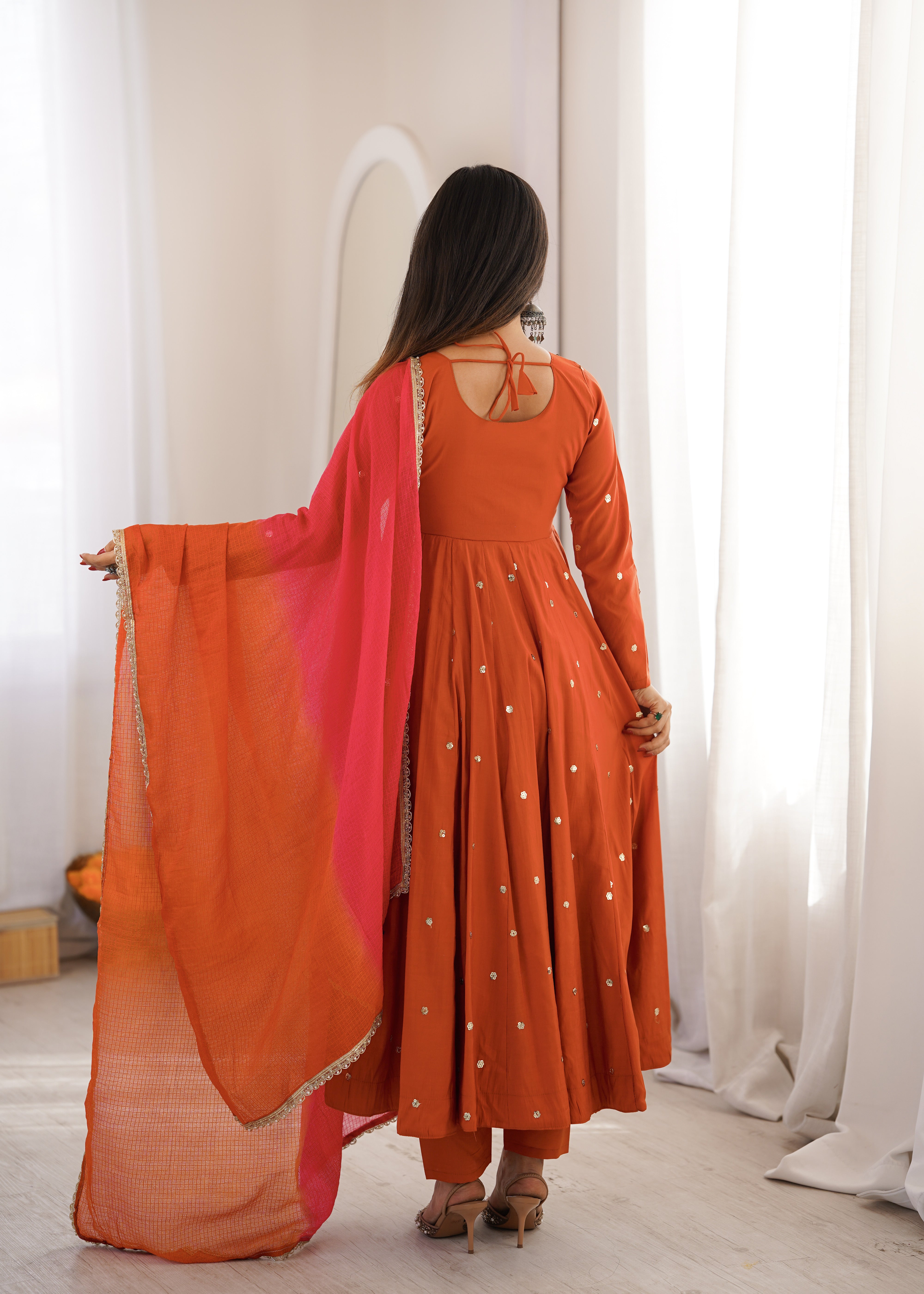 Rust Orange Roman Silk Anarkali Suit Set with Real Mirror Work & Pink Kota Dupatta | Ready to Wear