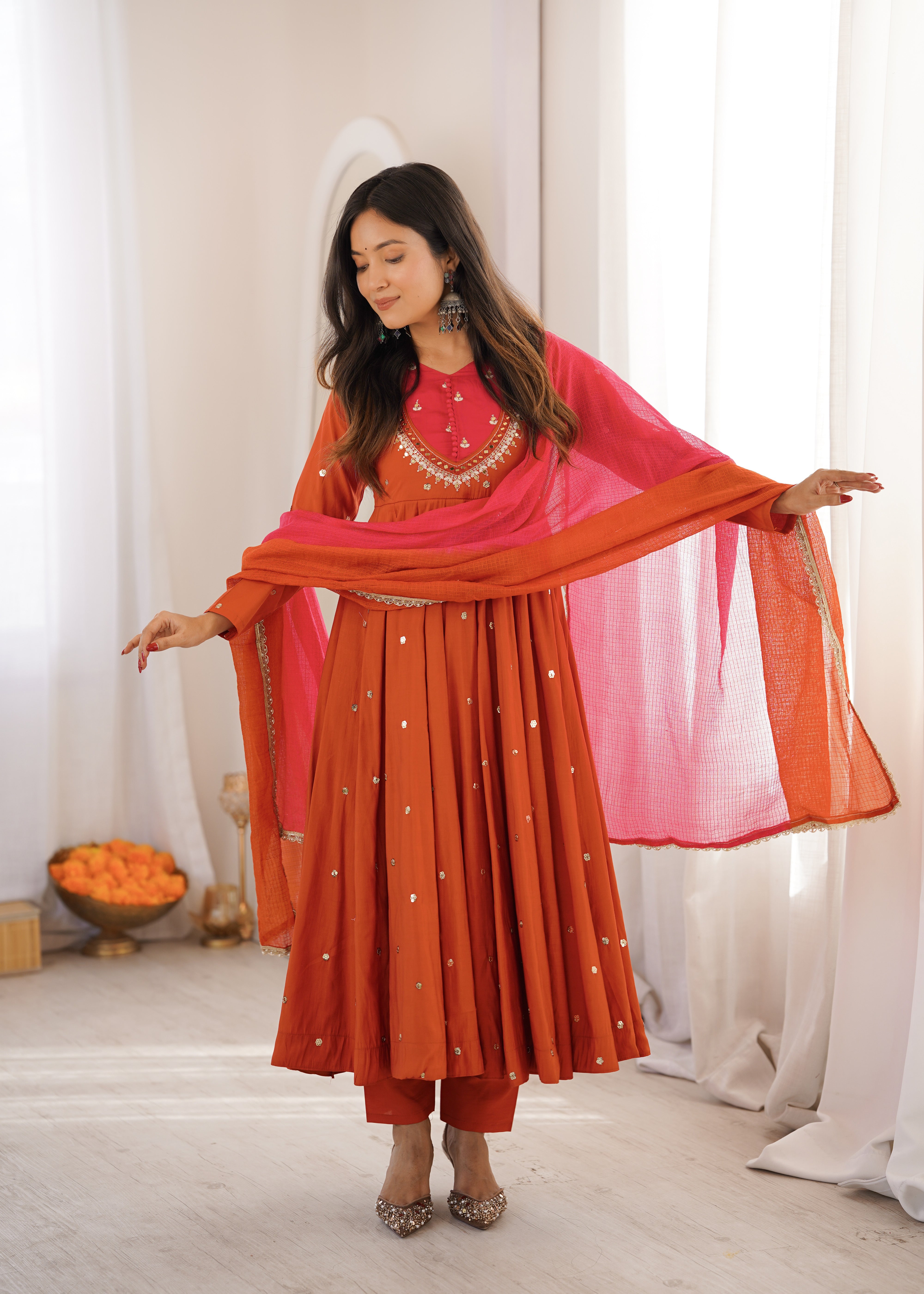 Rust Orange Roman Silk Anarkali Suit Set with Real Mirror Work & Pink Kota Dupatta | Ready to Wear