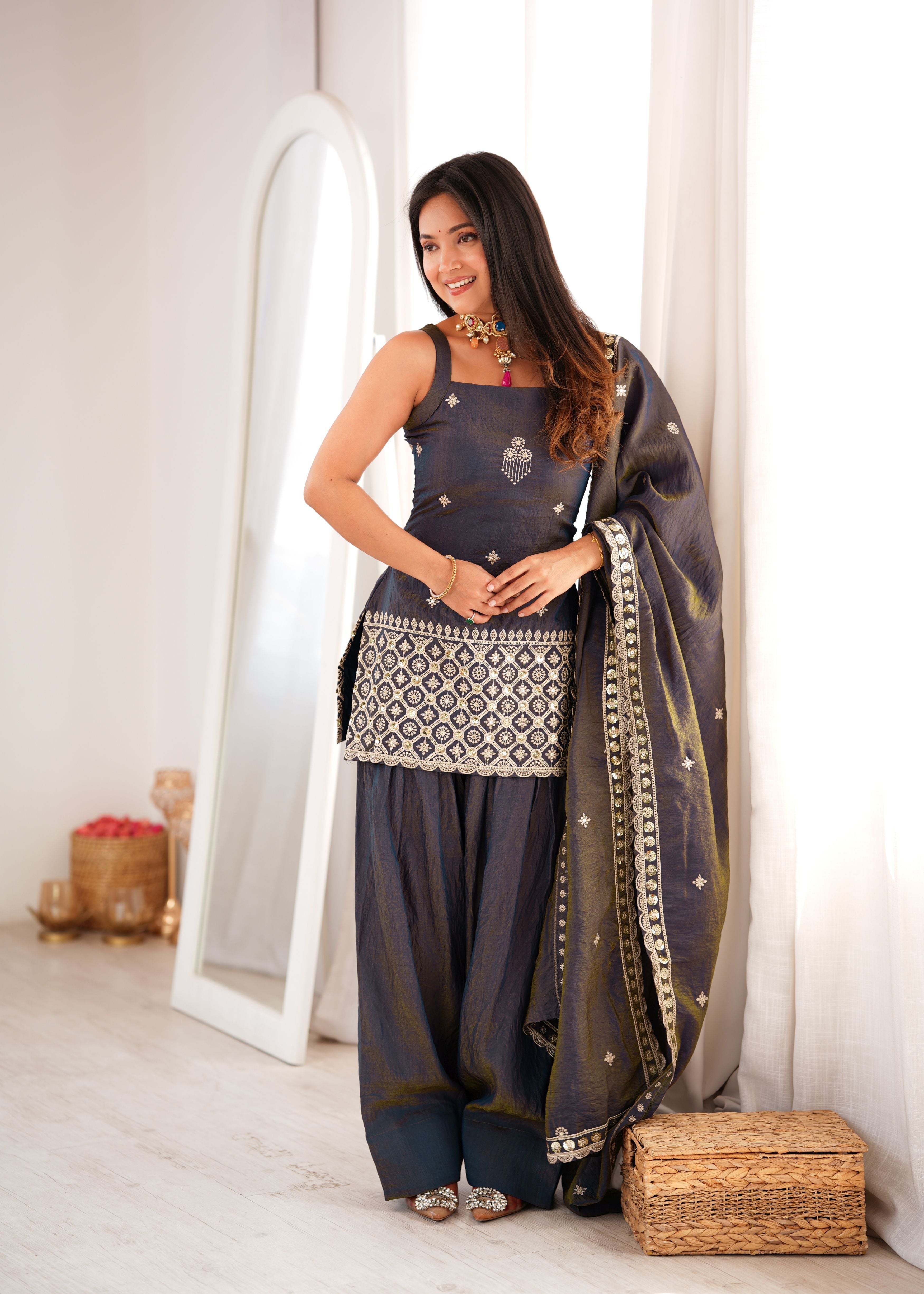Charcoal Grey Vichitra Silk Embroidered Kurta Set with Farshi Shalwar & Dupatta