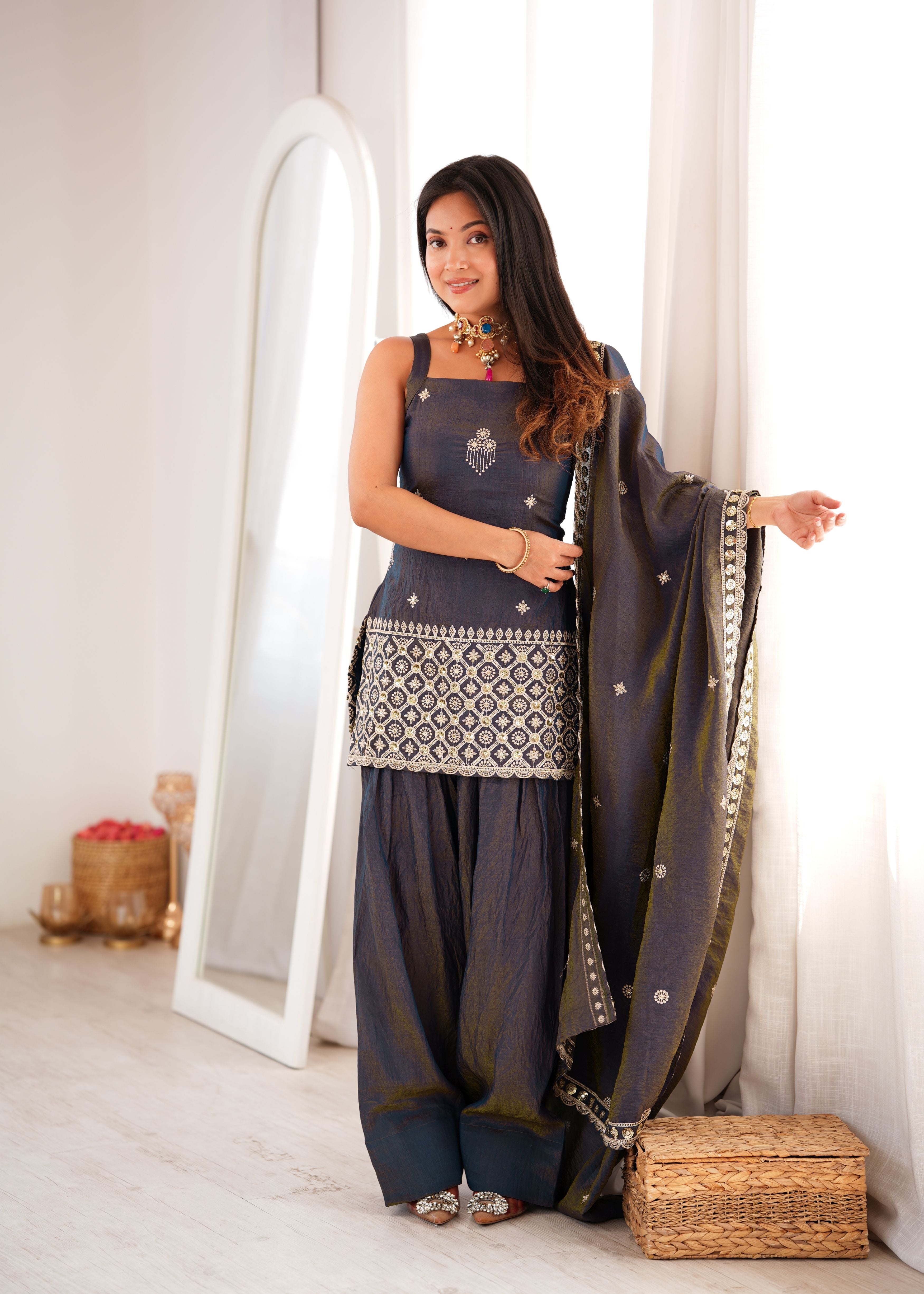 Charcoal Grey Vichitra Silk Embroidered Kurta Set with Farshi Shalwar & Dupatta