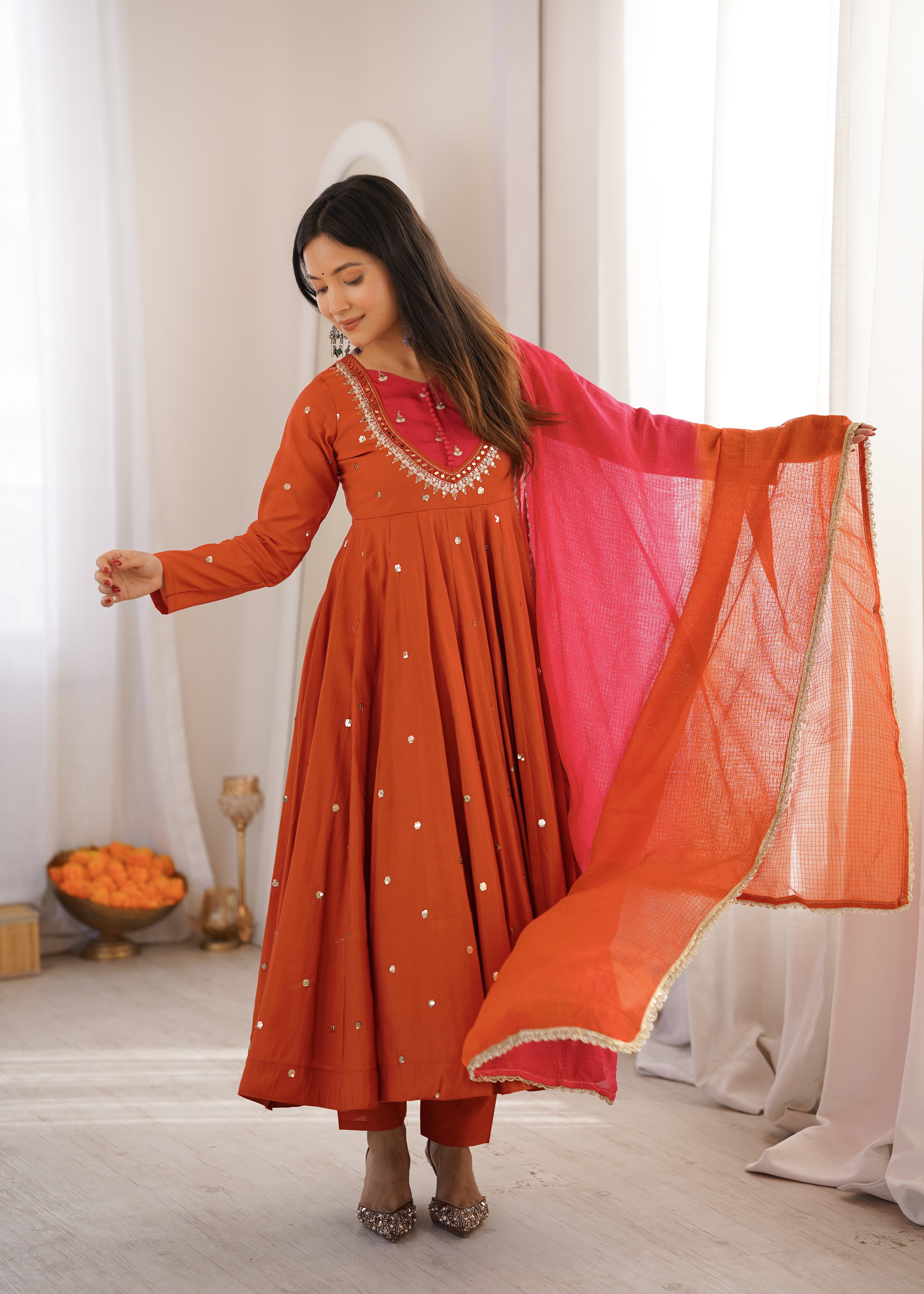 Rust Orange Roman Silk Anarkali Suit Set with Real Mirror Work & Pink Kota Dupatta | Ready to Wear