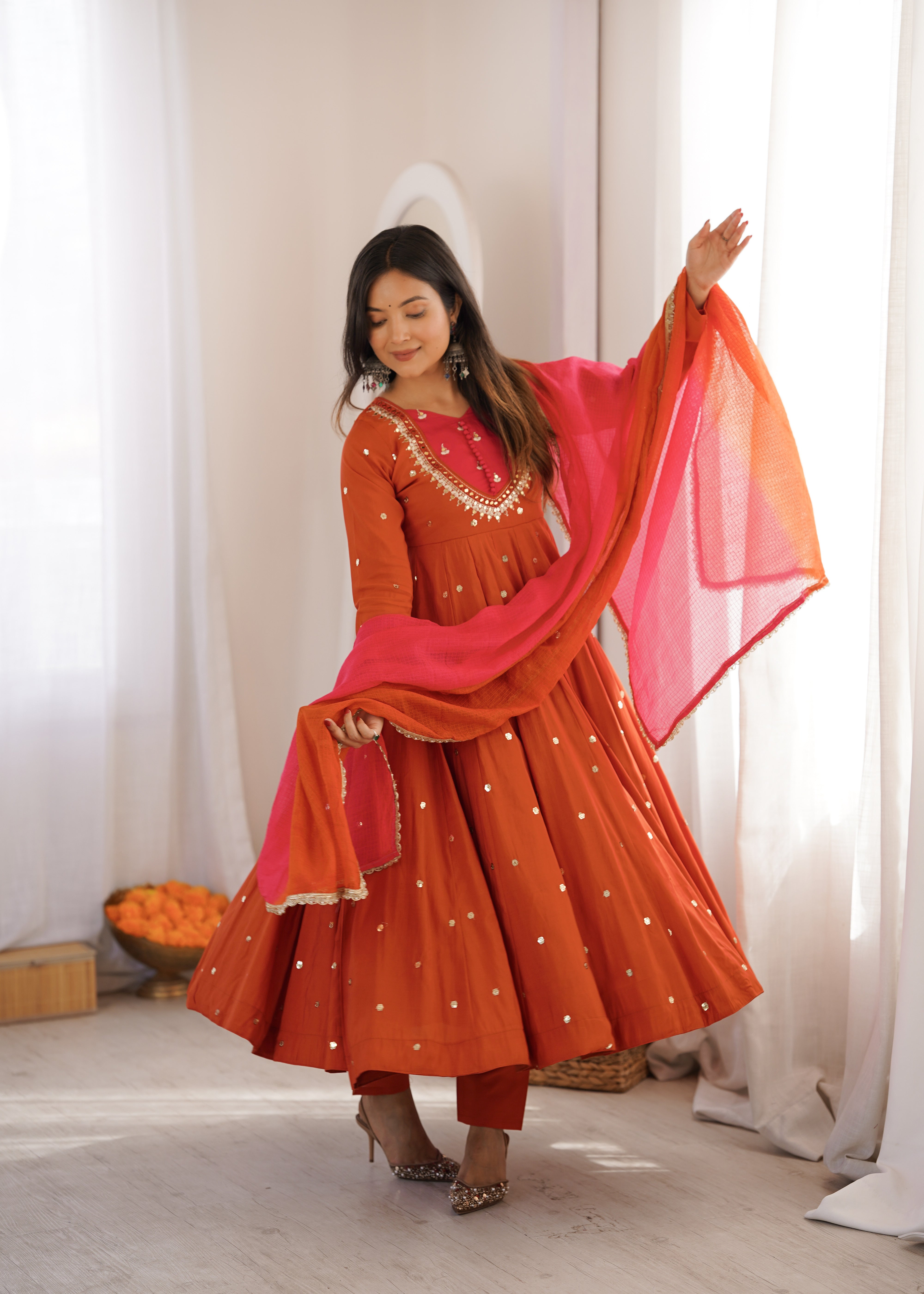 Rust Orange Roman Silk Anarkali Suit Set with Real Mirror Work & Pink Kota Dupatta | Ready to Wear