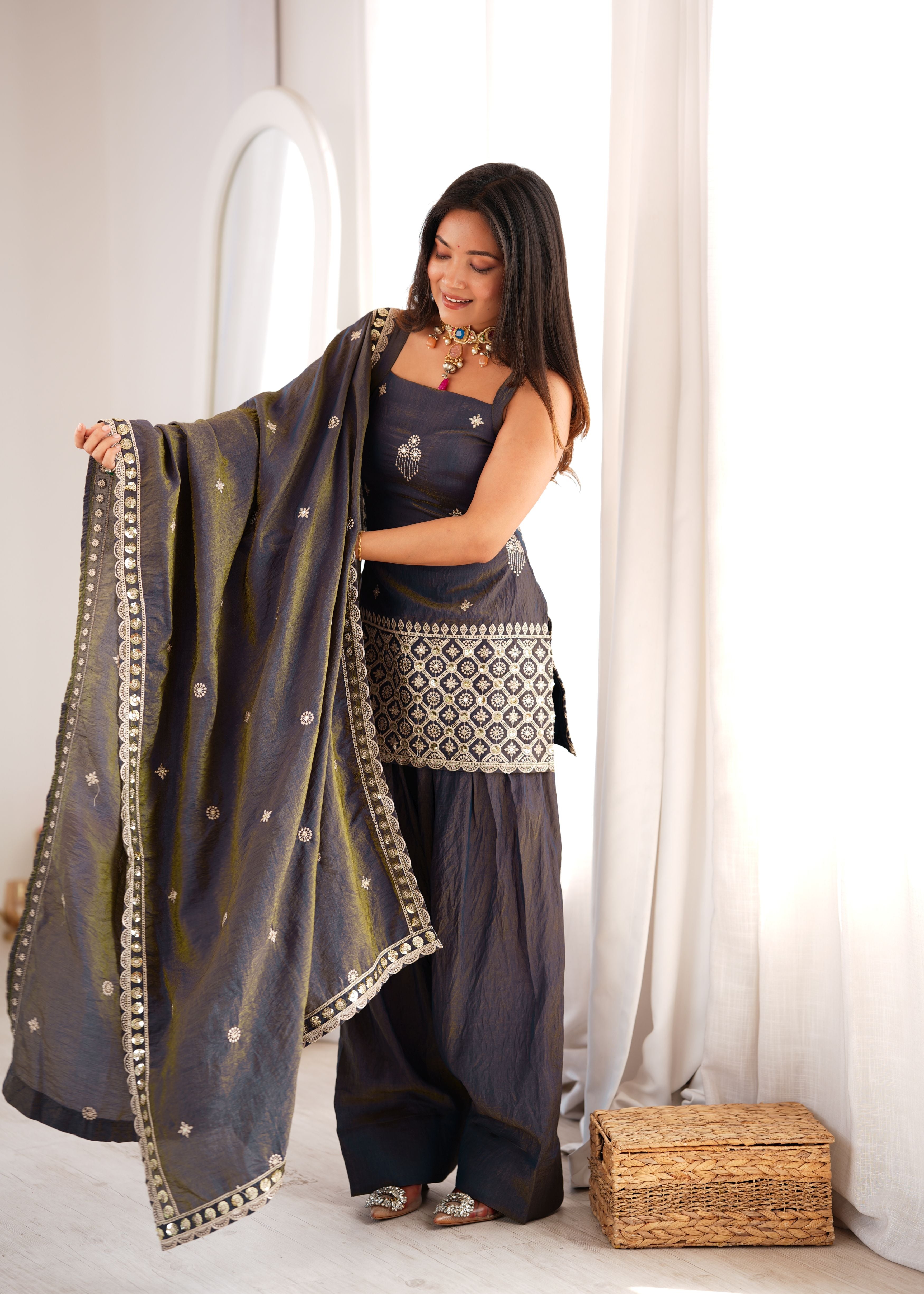 Charcoal Grey Vichitra Silk Embroidered Kurta Set with Farshi Shalwar & Dupatta