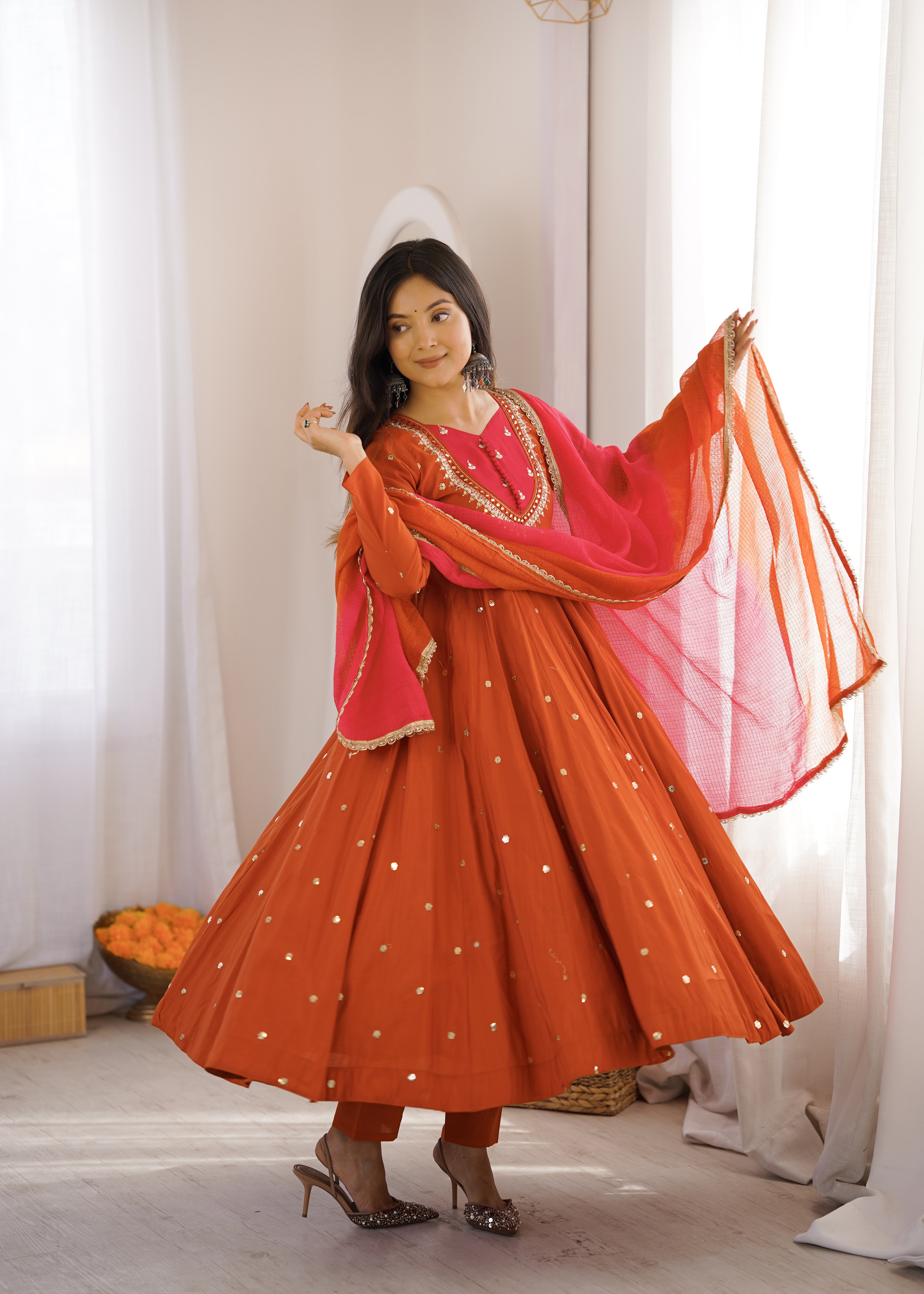 Rust Orange Roman Silk Anarkali Suit Set with Real Mirror Work & Pink Kota Dupatta | Ready to Wear