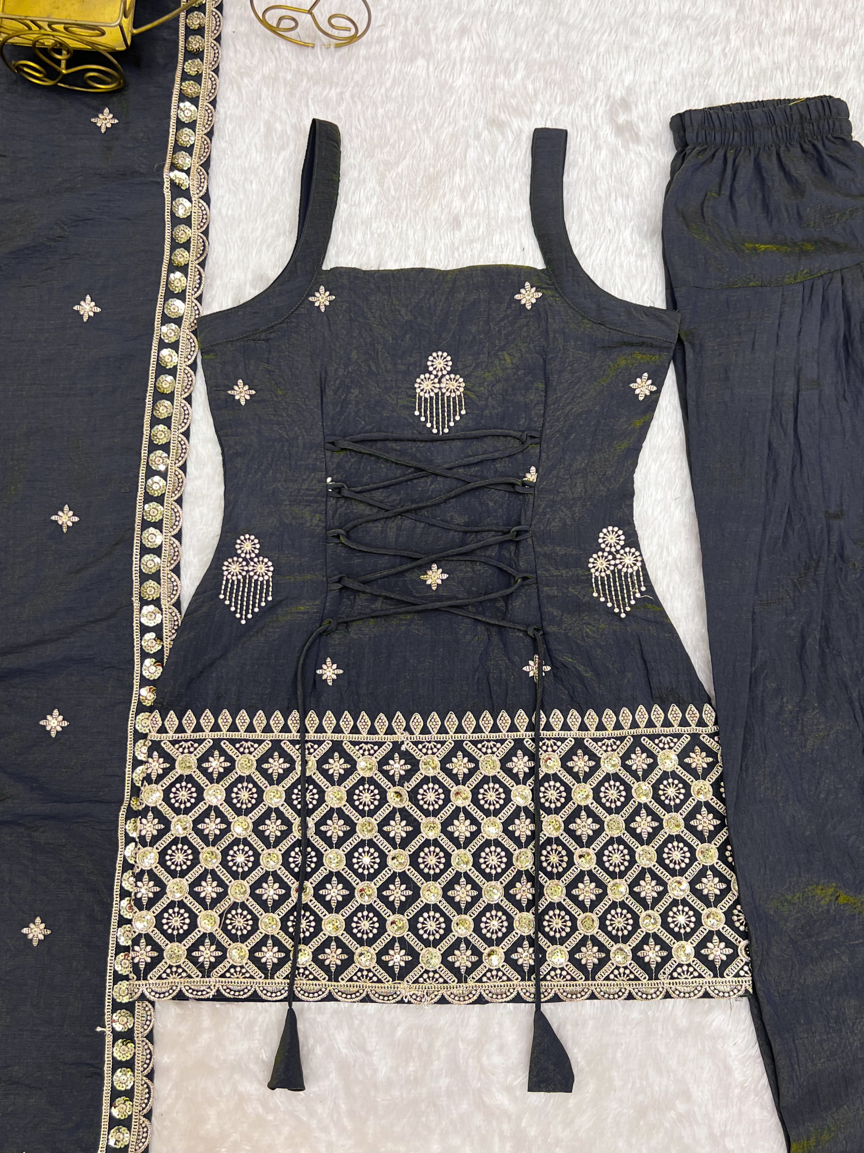 Charcoal Grey Vichitra Silk Embroidered Kurta Set with Farshi Shalwar & Dupatta