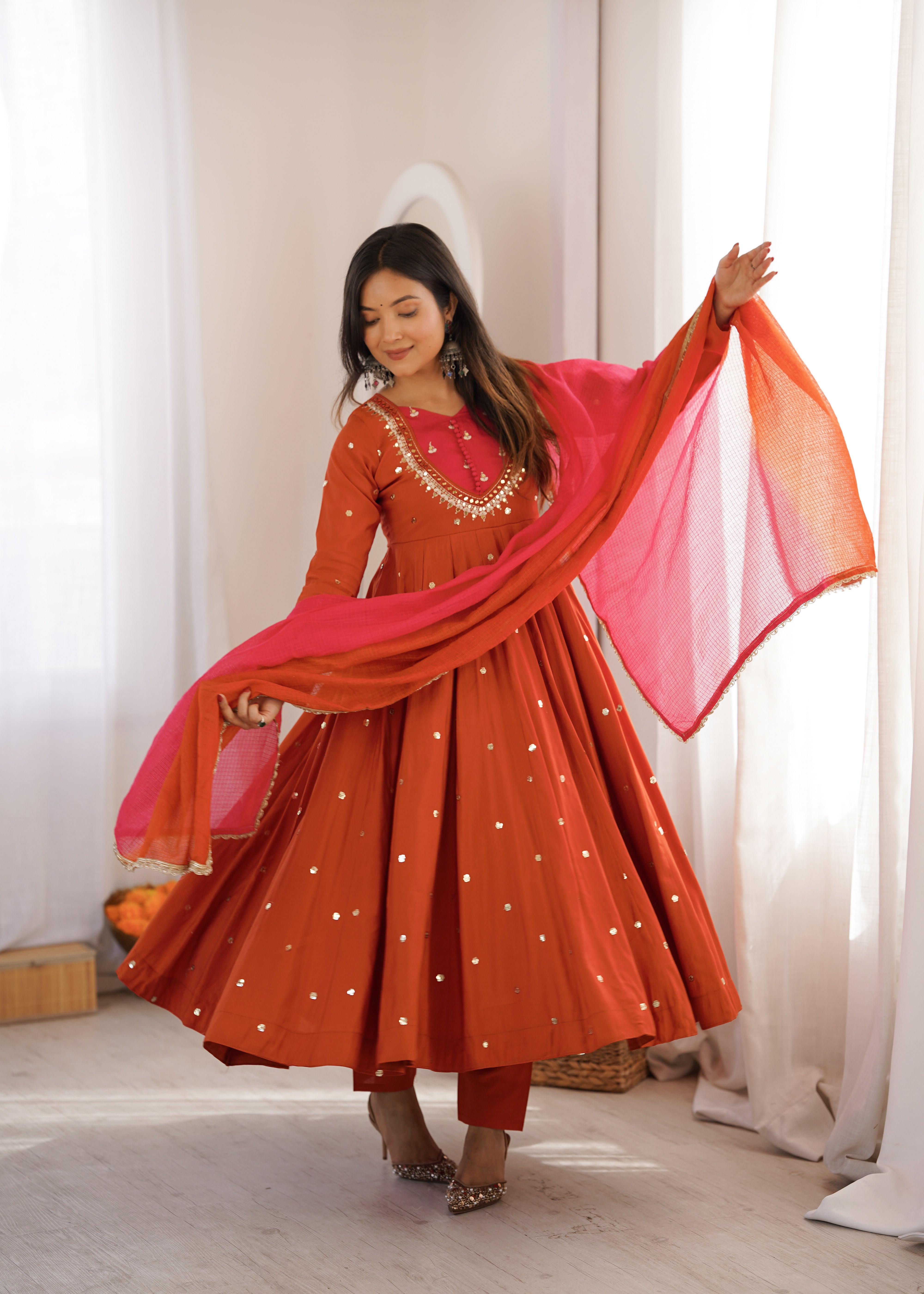Rust Orange Roman Silk Anarkali Suit Set with Real Mirror Work & Pink Kota Dupatta | Ready to Wear